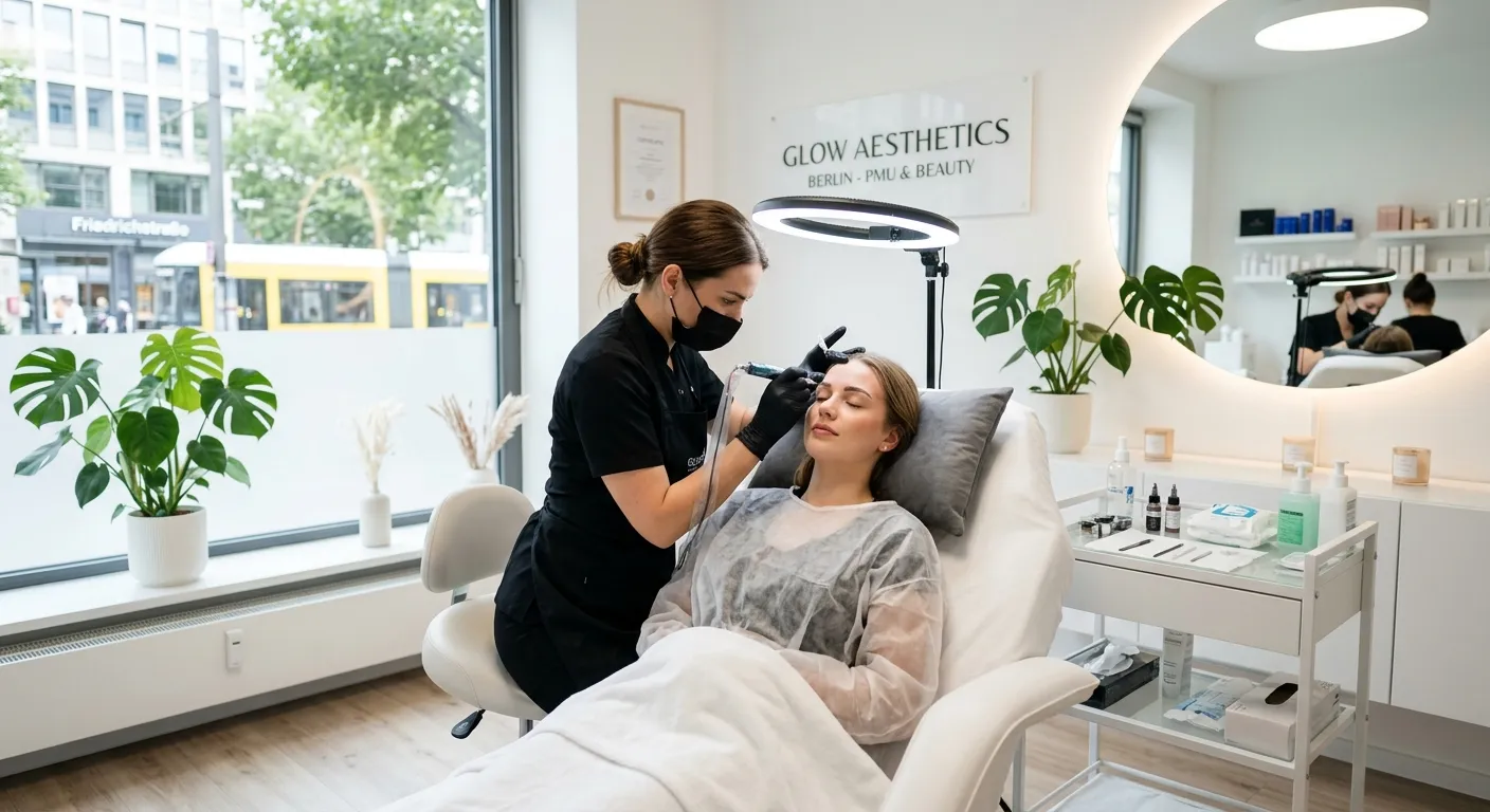 A modern, professional aesthetic clinic in Berlin, focusing on a skilled PMU artist at work in a clean, bright treatment room. Style: High-quality, realistic, aspirational. Mood: Professional, precise, and trustworthy.