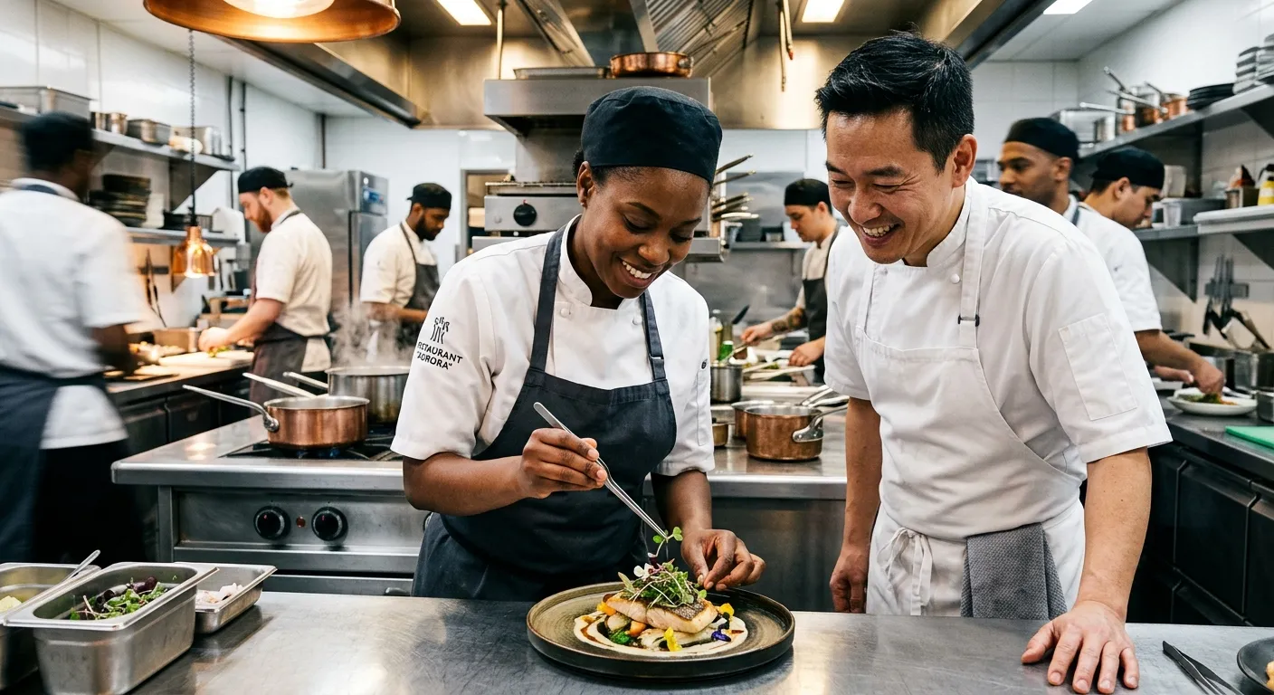 A professional, high-contrast photo of a diverse team of chefs in a modern, stainless-steel kitchen collaborating on a dish. One chef is garnishing a plate while another looks on, smiling. The mood is professional, skilled, and dynamic.