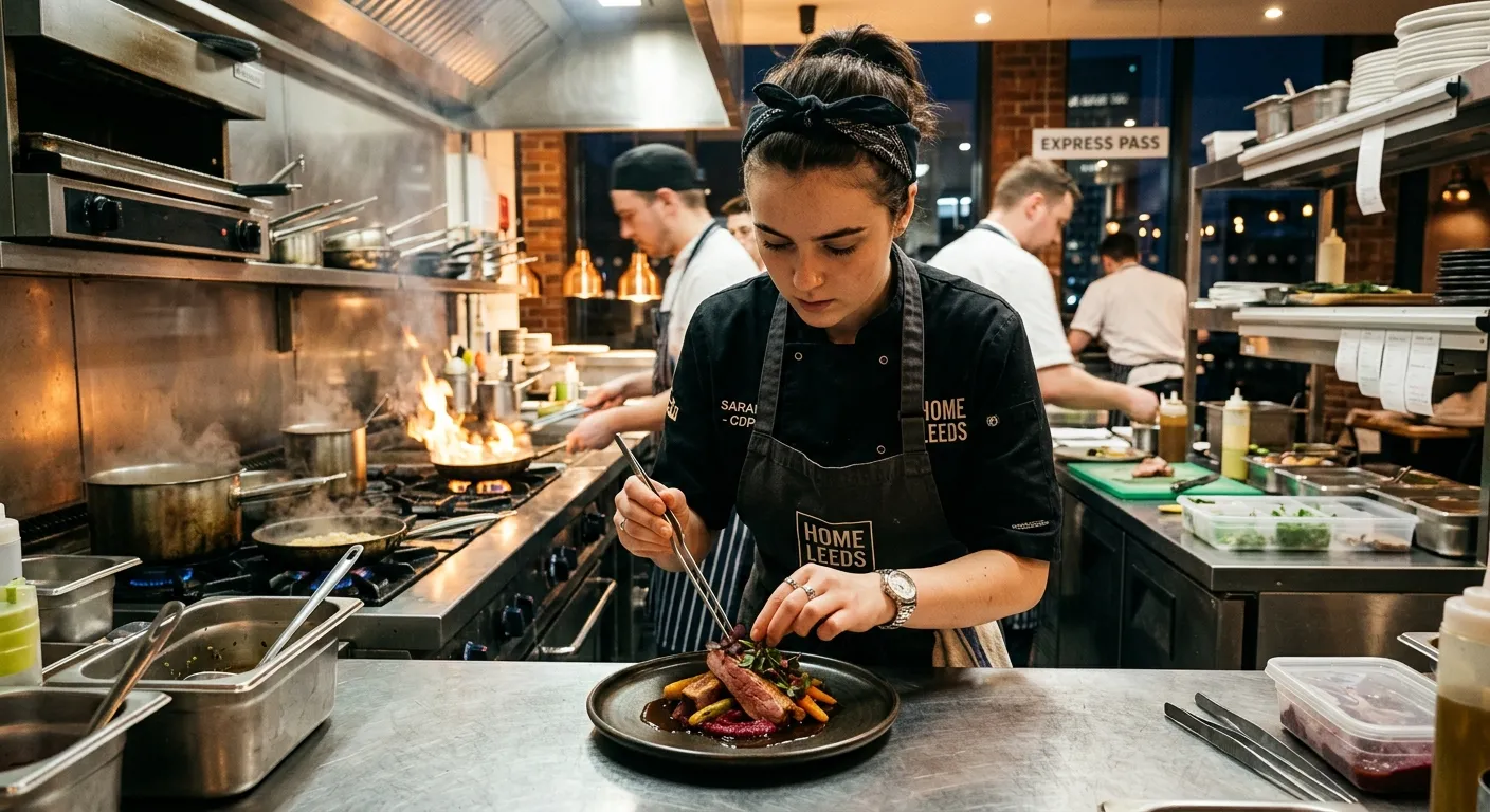 A high-energy, professional kitchen scene in Leeds, featuring a focused Chef de Partie plating a modern dish. The mood is dynamic, professional, and aspirational, highlighting the precision of a commercial kitchen.