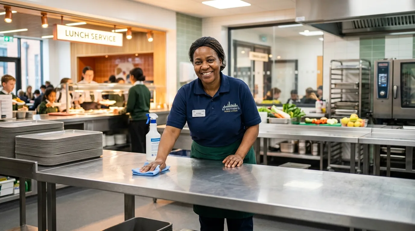 Professional, warm-toned hero image showing a friendly School Kitchen Porter in a clean, modern school kitchen in London, smiling while wiping down a stainless-steel counter. The mood is welcoming, efficient, and trustworthy.