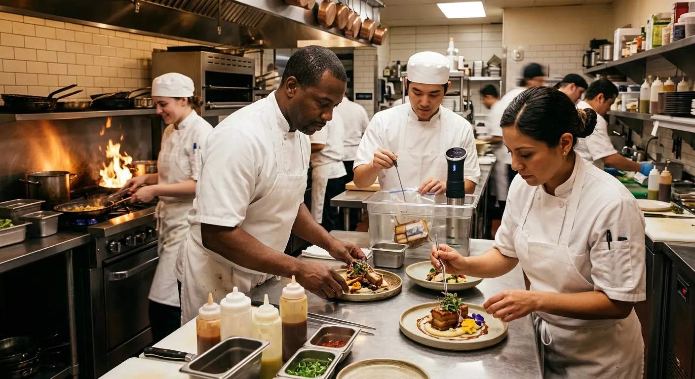 A high-energy, professional kitchen scene. A diverse team of chefs in crisp whites work seamlessly t... A high-energy, professional kitchen scene. A diverse team of chefs in crisp whites work seamlessly together at a stainless steel pass. One chef is plating a modern dish with tweezers, another checks a sous-vide bath. The mood is focused, collaborative, and elite. Shot with warm, inviting lighting.