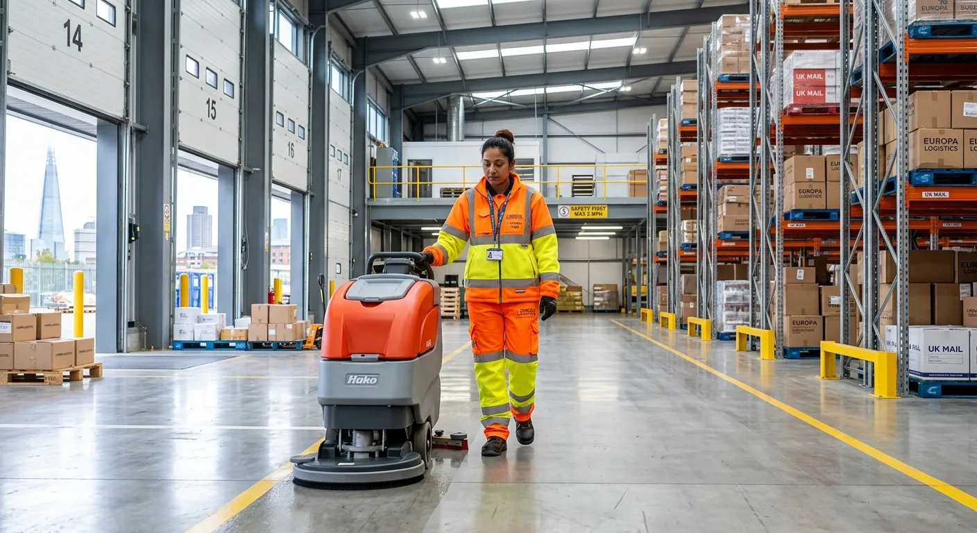 Professional, well-lit photograph of a warehouse cleaner in hi-vis clothing, meticulously cleaning a... Professional, well-lit photograph of a warehouse cleaner in hi-vis clothing, meticulously cleaning a pristine warehouse floor in a modern logistics facility in Central London. The image should convey efficiency, safety, and a high-standard working environment.