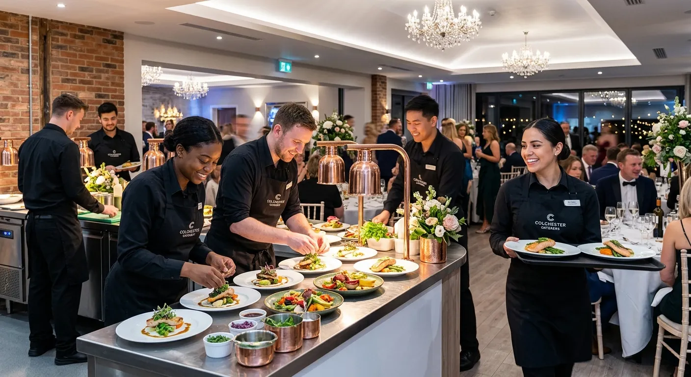 A professional, high-energy photo of a catering team in action at a sophisticated event in Colchester. Diverse staff in crisp uniforms are plating gourmet food and serving guests in a bright, modern venue. Style is vibrant and aspirational, conveying professionalism and teamwork.