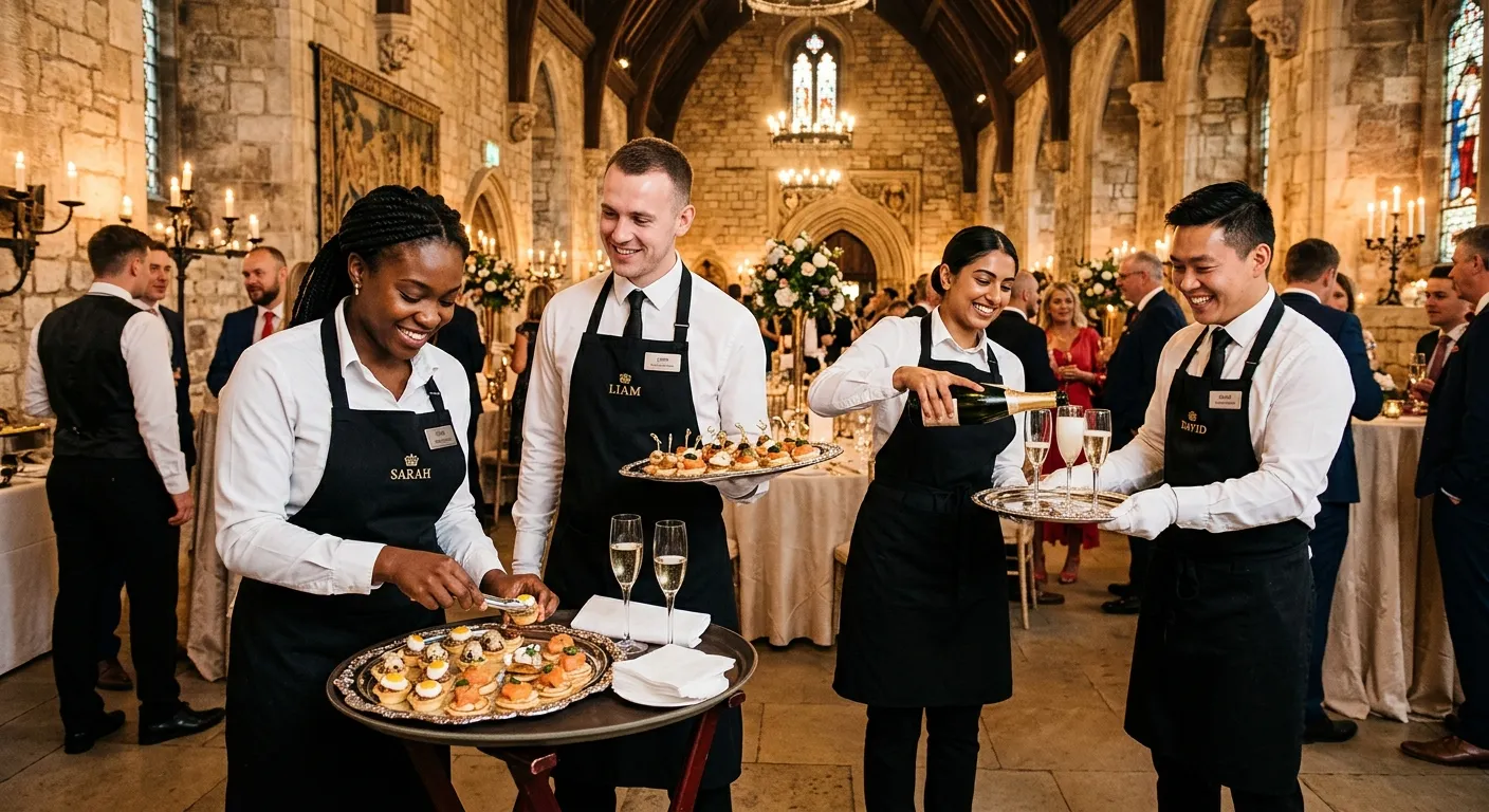 A dynamic, professional photo of a diverse team of Event Catering Staff in action at a high-end York event. They are smiling, dressed in crisp black and white uniforms, plating canapés and serving champagne in a beautiful historic hall with stone walls and elegant lighting. The mood is energetic, professional, and welcoming.