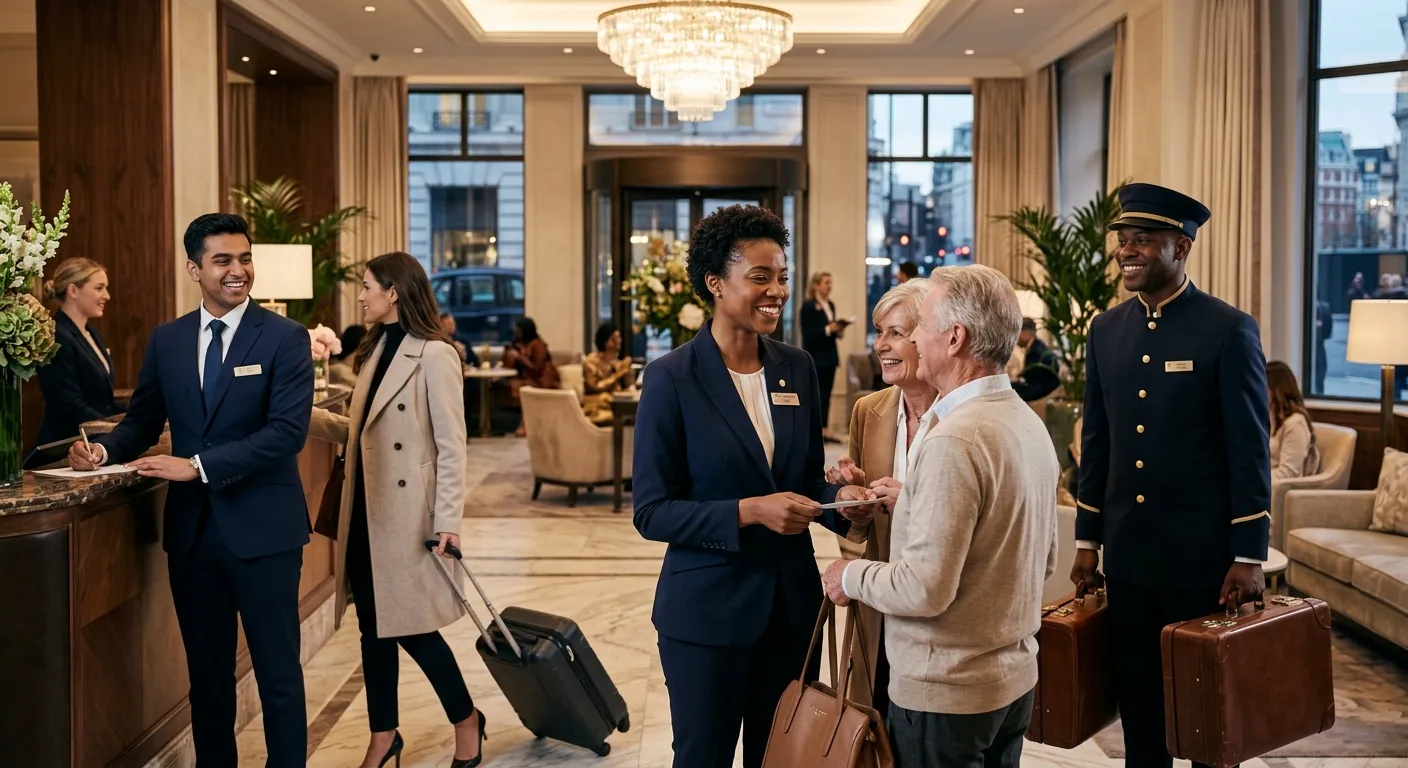 A dynamic, professional shot of a diverse hospitality team in a high-end London hotel lobby, smiling and interacting with guests. Warm, inviting lighting, focused on professionalism and service excellence.