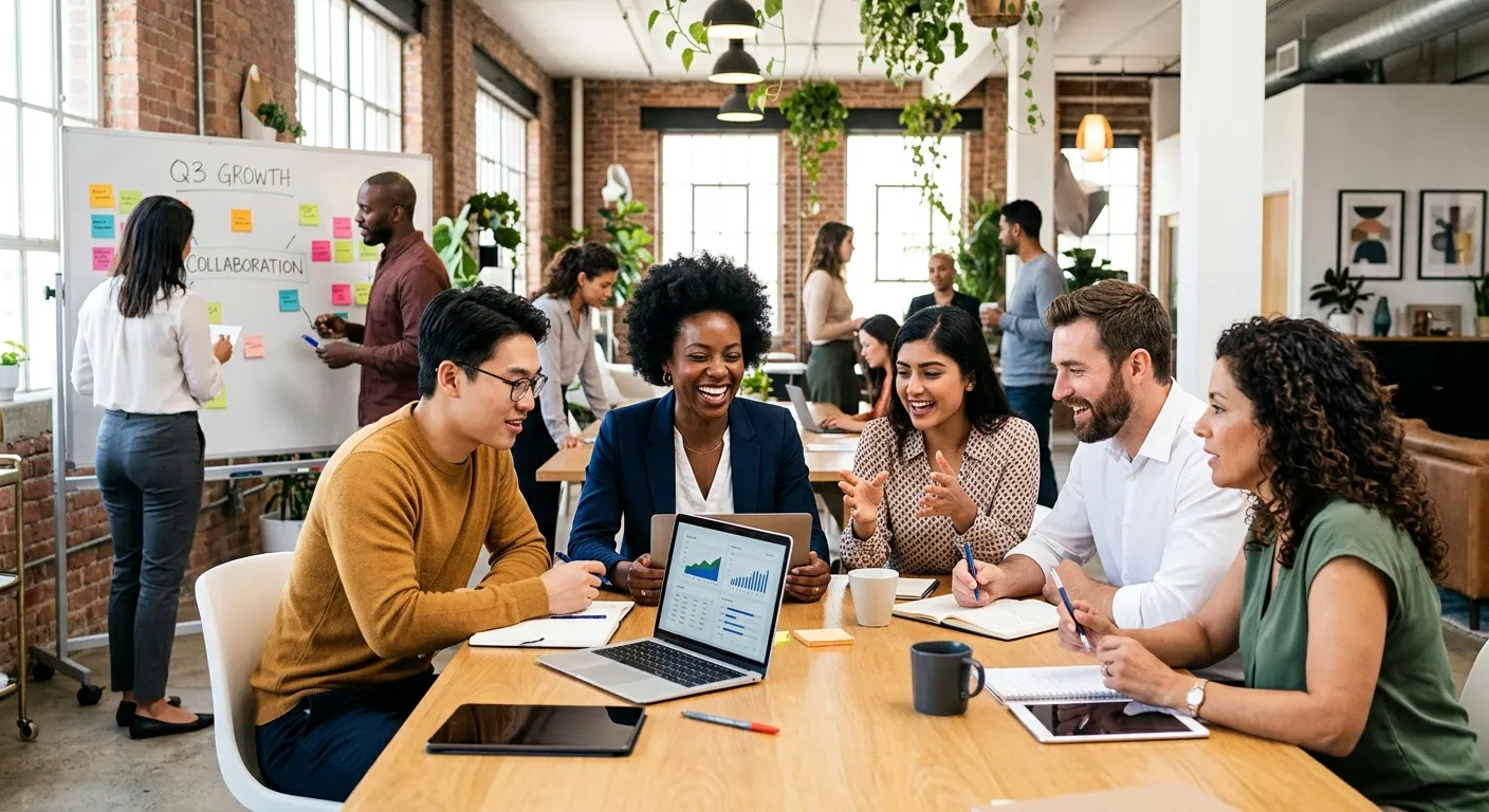 A diverse group of modern professionals in a collaborative workspace, some looking at a laptop, others in discussion. Style is bright, dynamic, and professional, conveying energy and partnership. Mood is optimistic and productive.
