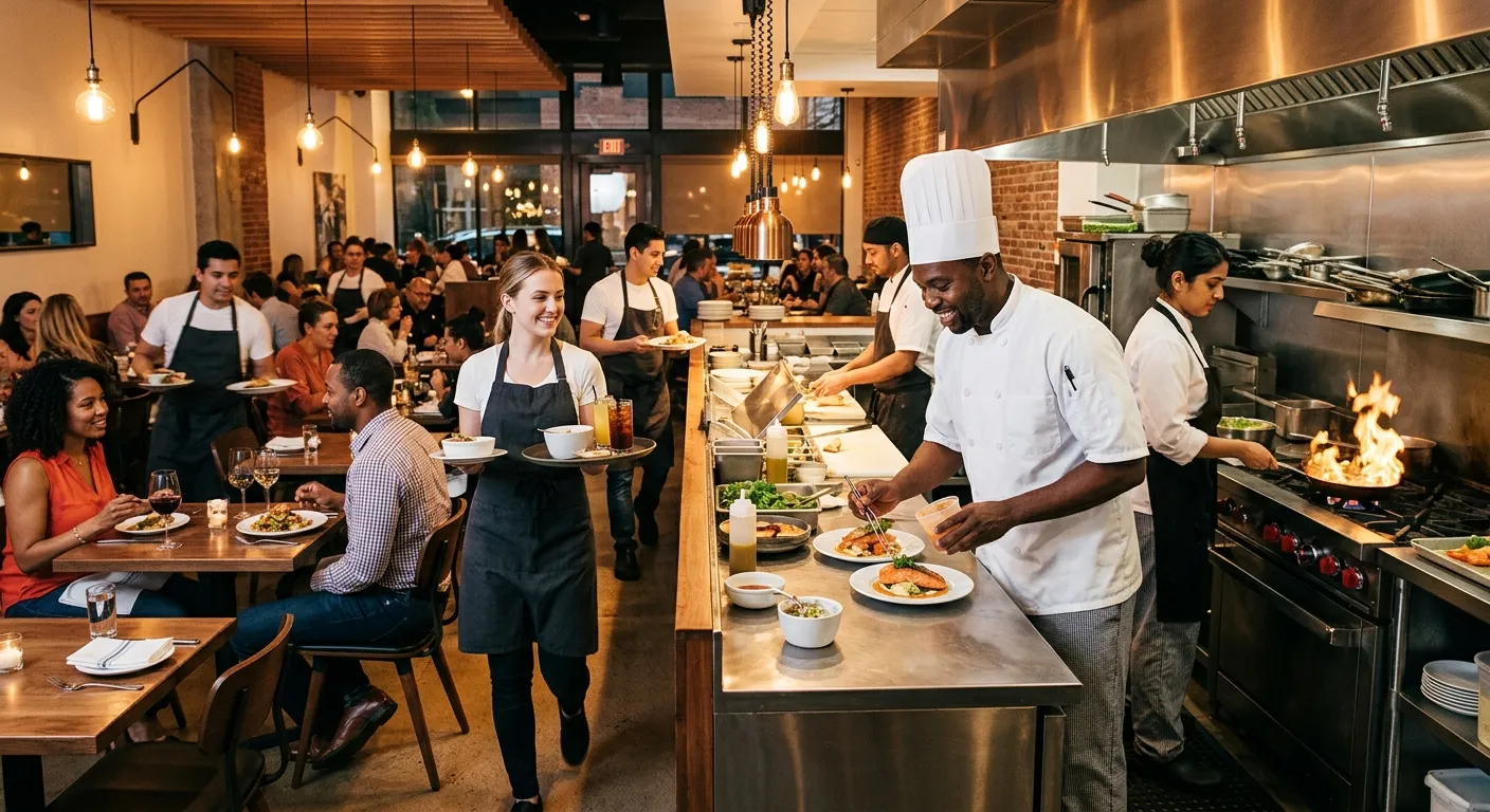 A dynamic, high-energy shot of a diverse restaurant team in a modern kitchen and dining area, workin... A dynamic, high-energy shot of a diverse restaurant team in a modern kitchen and dining area, working seamlessly together. A chef is plating a dish while servers attend to guests. Warm, professional lighting with a focus on teamwork and hospitality.