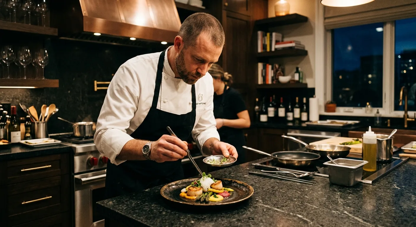 A professional, high-end kitchen scene. A private chef in crisp whites is plating an elegant dish, with a luxury home kitchen background. Moody, warm lighting, focus on skill and precision.