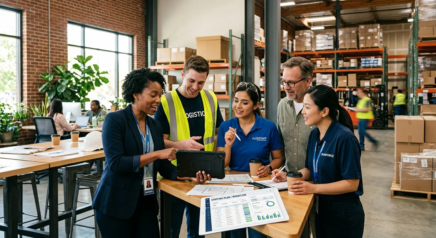 A dynamic, professional photo of a diverse team collaborating in a modern office and warehouse hybrid space. A mix of agency workers and managers reviewing plans on a tablet, symbolizing partnership and flexible staffing solutions. Bright, optimistic lighting.
