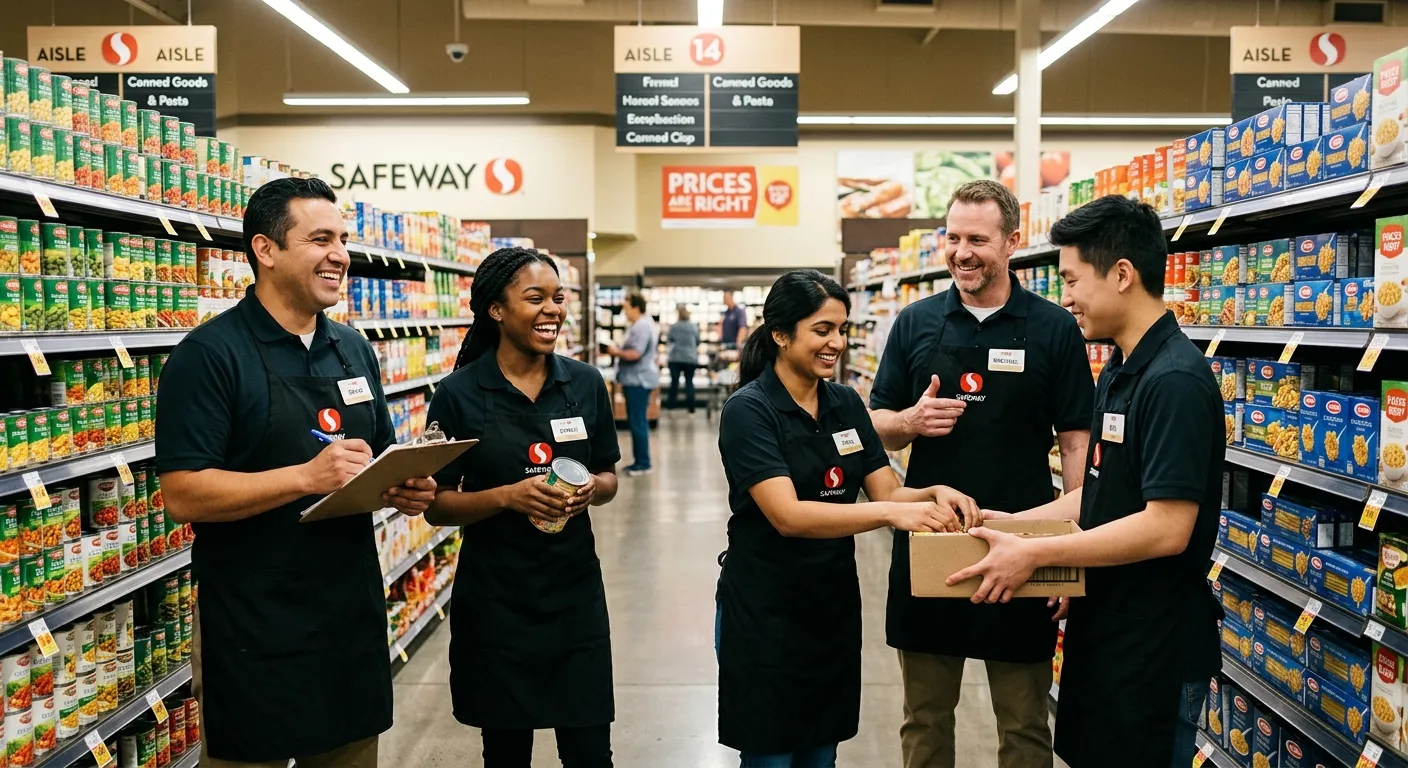 A professional, well-lit photograph of a diverse Safeway team in uniform, smiling and collaborating in a modern grocery store aisle, conveying a positive and stable work environment.