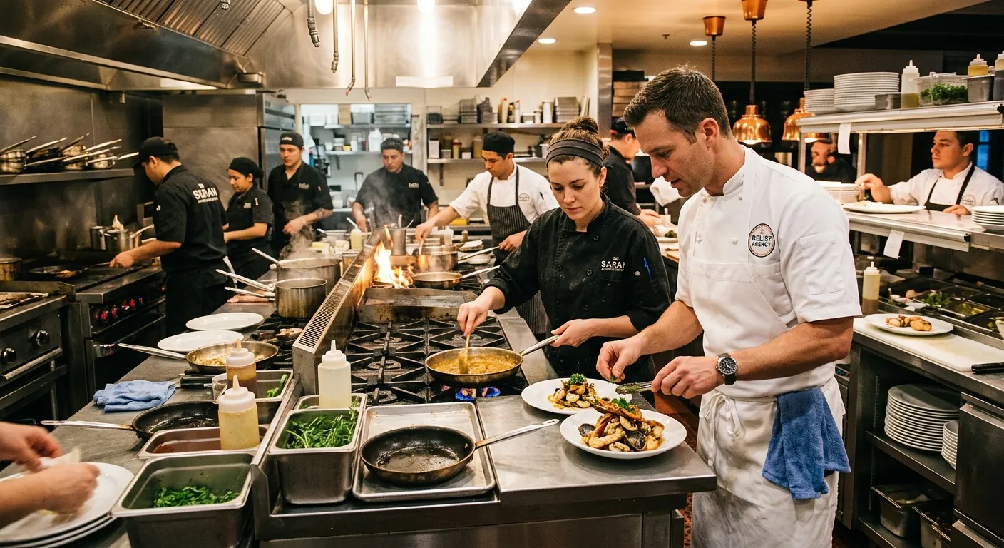 A professional, high-energy kitchen scene with a relief chef in crisp whites seamlessly working alongside a permanent team in a busy, upscale restaurant kitchen. The mood is dynamic, efficient, and collaborative, with warm lighting highlighting the action.