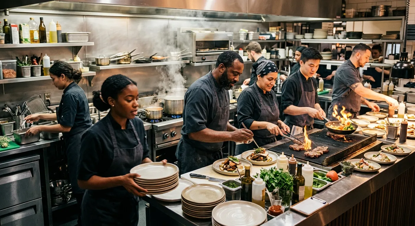 Professional, high-energy kitchen scene in a busy restaurant. A diverse team of chefs and kitchen porters work seamlessly together. Style is modern, crisp, and vibrant, focusing on teamwork and precision. Mood: Efficient, professional, and dynamic.