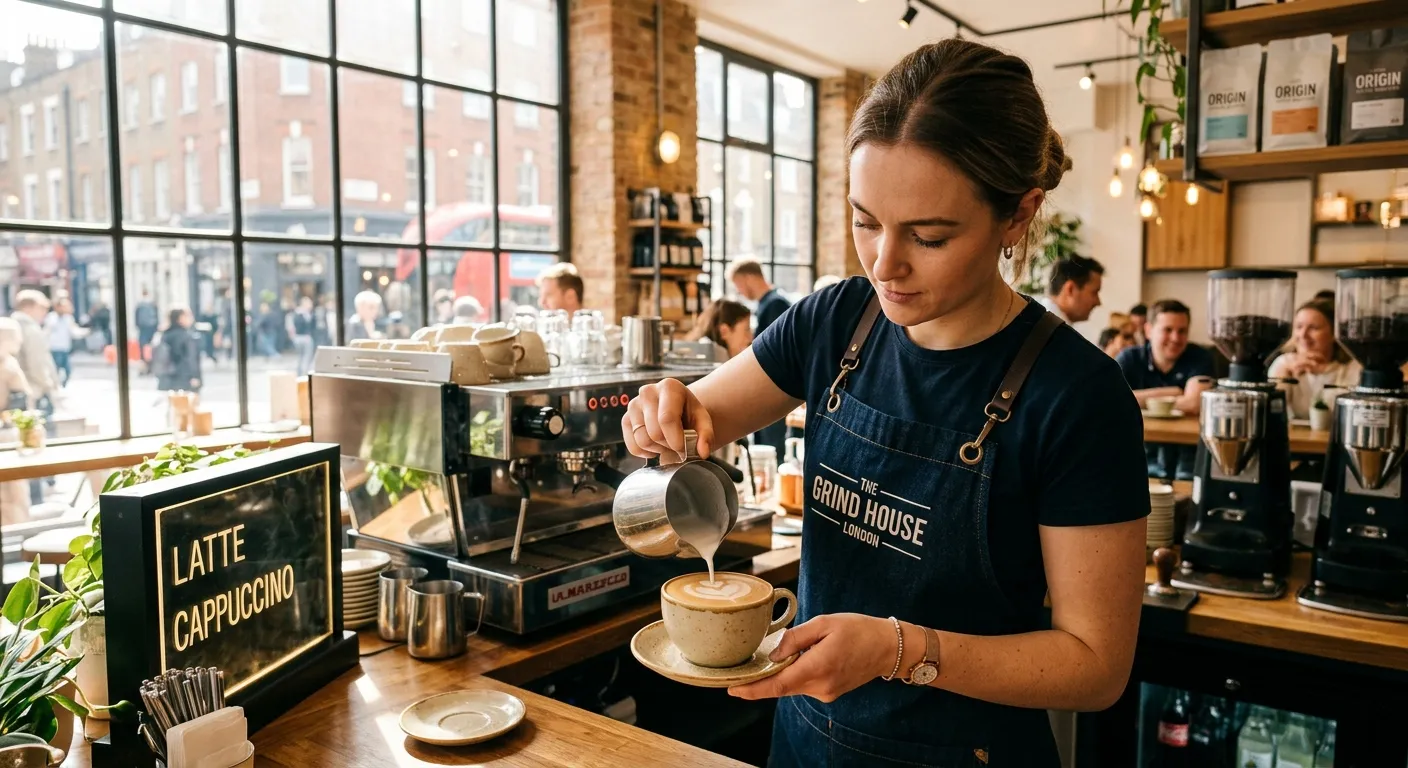 A professional barista in a crisp apron expertly crafting a latte art heart in a ceramic cup within a bright, modern London café. Sunlight streams through the window, highlighting the coffee steam. Style: Professional, warm, inviting, high-quality hospitality.