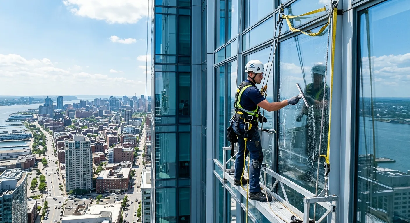 Professional window cleaner in safety harness cleaning the exterior windows of a modern high-rise office building on a sunny day, showcasing skill and safety.