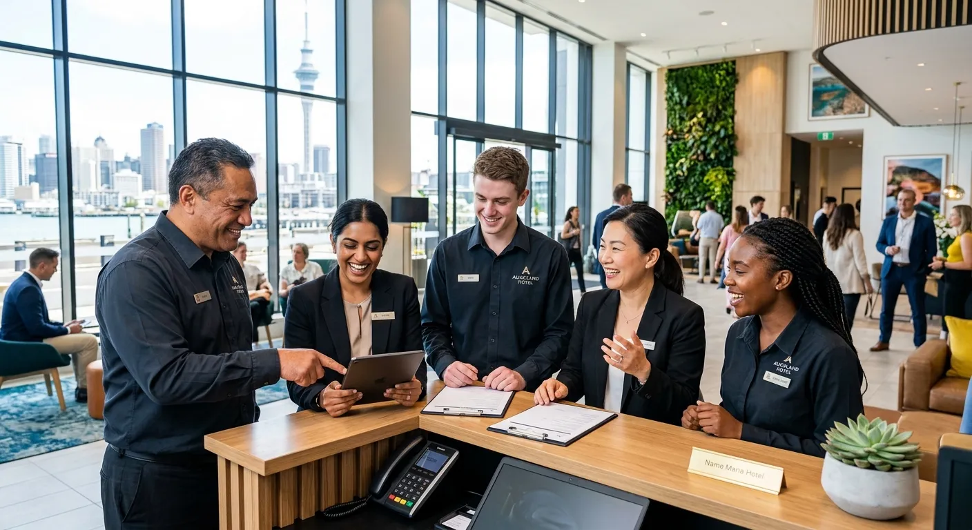 A dynamic, professional photo of a diverse team of hospitality professionals in a modern Auckland hotel lobby, smiling and collaborating. Style: Bright, vibrant, and welcoming. Mood: Energetic and professional.