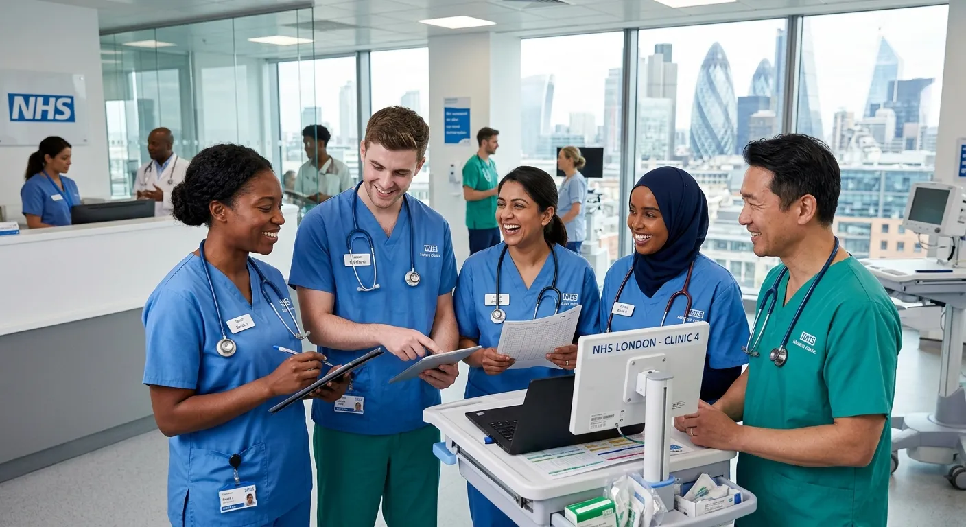 A professional, diverse group of nurses in scrubs smiling and collaborating in a modern London clini... A professional, diverse group of nurses in scrubs smiling and collaborating in a modern London clinic setting. Warm, trustworthy, and energetic mood.
