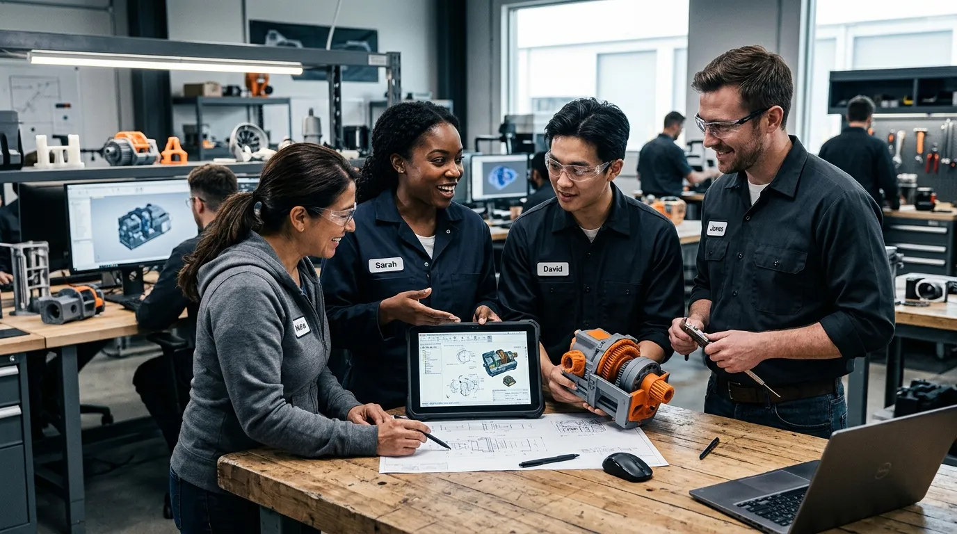 A modern, high-contrast hero image featuring a diverse team of mechanical engineers in a collaborative industrial design environment. They are reviewing blueprints on a digital tablet and a 3D-printed prototype. The style is professional, dynamic, and slightly desaturated with a focus on sharp details and human interaction.