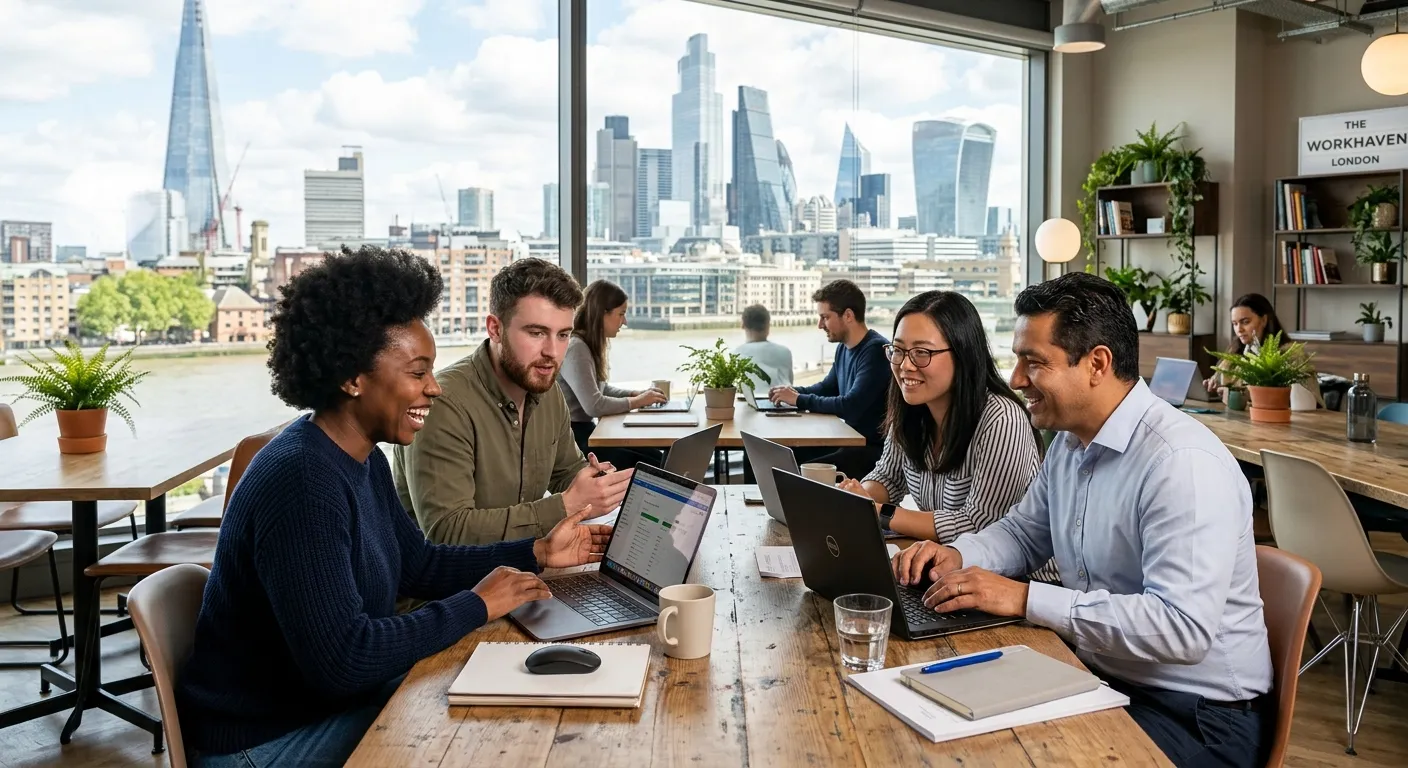 A professional, diverse group of remote workers collaborating on laptops in a modern London co-worki... A professional, diverse group of remote workers collaborating on laptops in a modern London co-working space. The style should be bright, authentic, and aspirational.