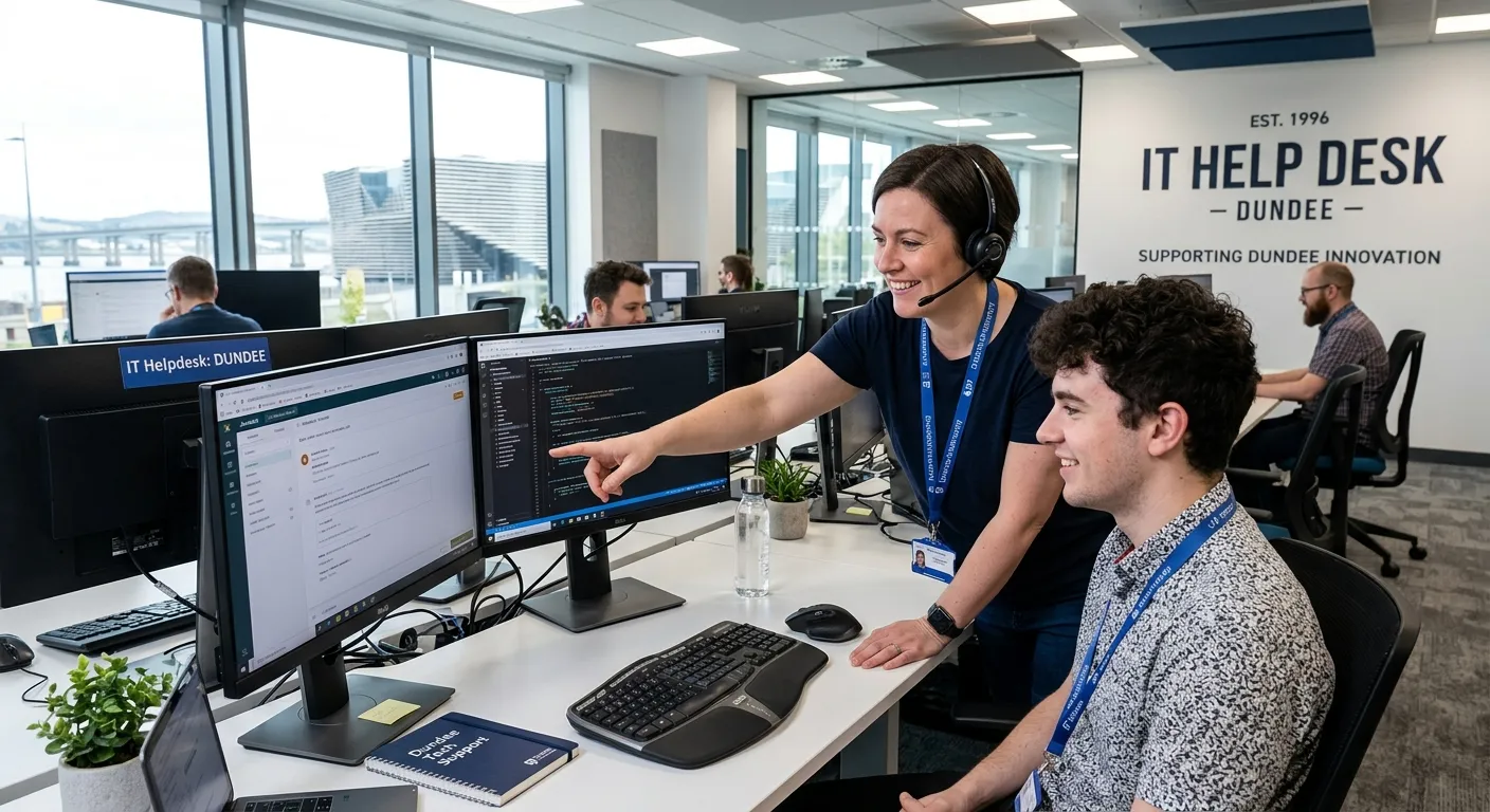 A professional, well-lit photo of a modern IT helpdesk environment in Dundee, featuring a friendly IT support specialist wearing a headset, helping a colleague at a computer workstation. The mood is efficient, supportive, and tech-savvy.