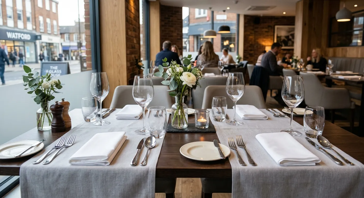 A neatly set restaurant table with polished cutlery, folded napkins, and sparkling glasses, ready fo... A neatly set restaurant table with polished cutlery, folded napkins, and sparkling glasses, ready for service in a modern Watford dining room.
