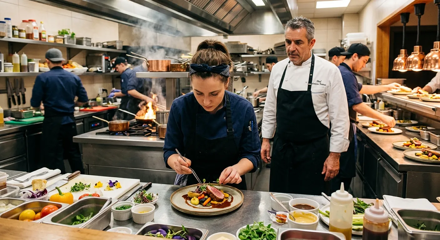 A dynamic, professional kitchen scene in a high-end restaurant or hotel. An Assistant Cook is focused on food preparation, with an Executive Chef overseeing in the background. Warm, professional lighting, vibrant food colors, conveying teamwork and precision.