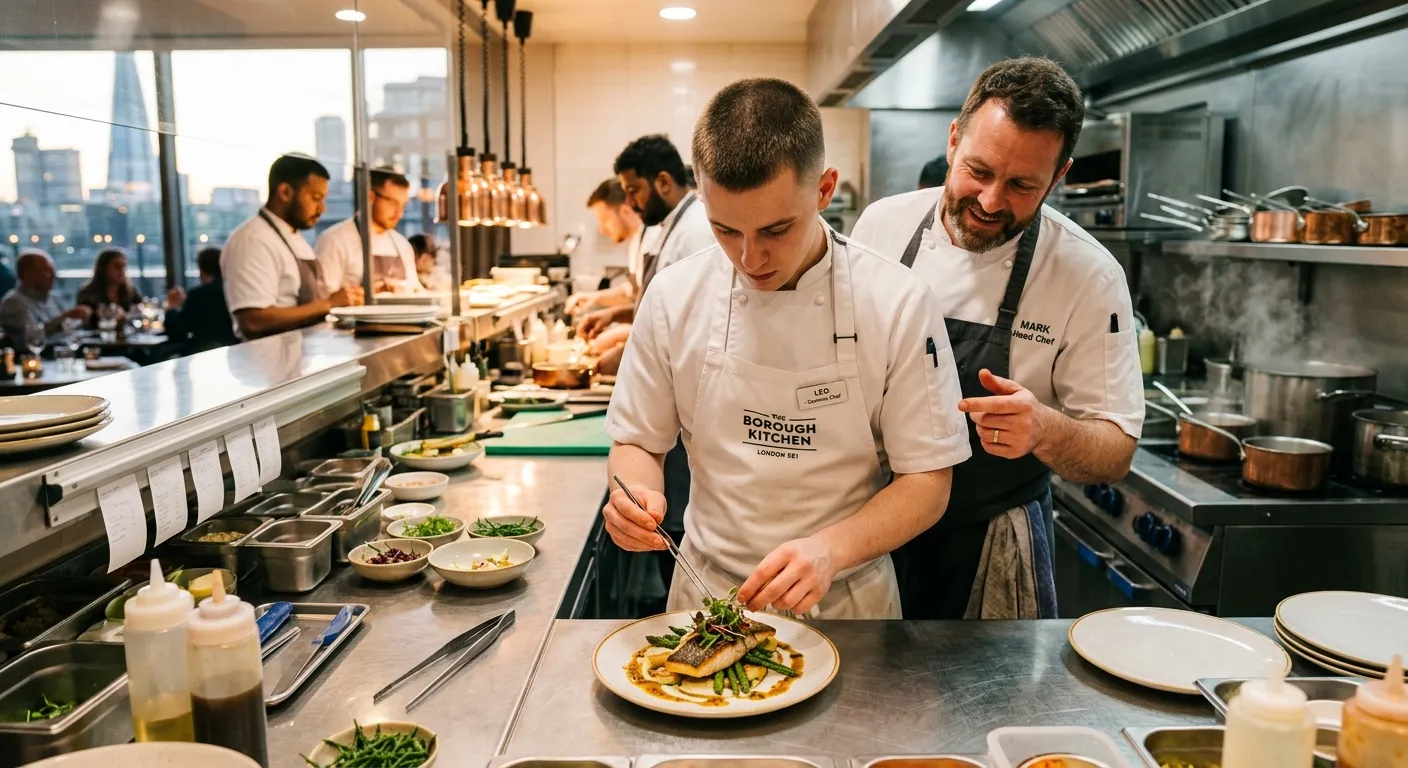 A professional, energetic kitchen scene in a London SE1 restaurant or event venue. A young Commis Ch... A professional, energetic kitchen scene in a London SE1 restaurant or event venue. A young Commis Chef in clean whites is carefully plating a modern dish, with a Head Chef guiding in the background. Bright, warm lighting, sense of teamwork and precision.