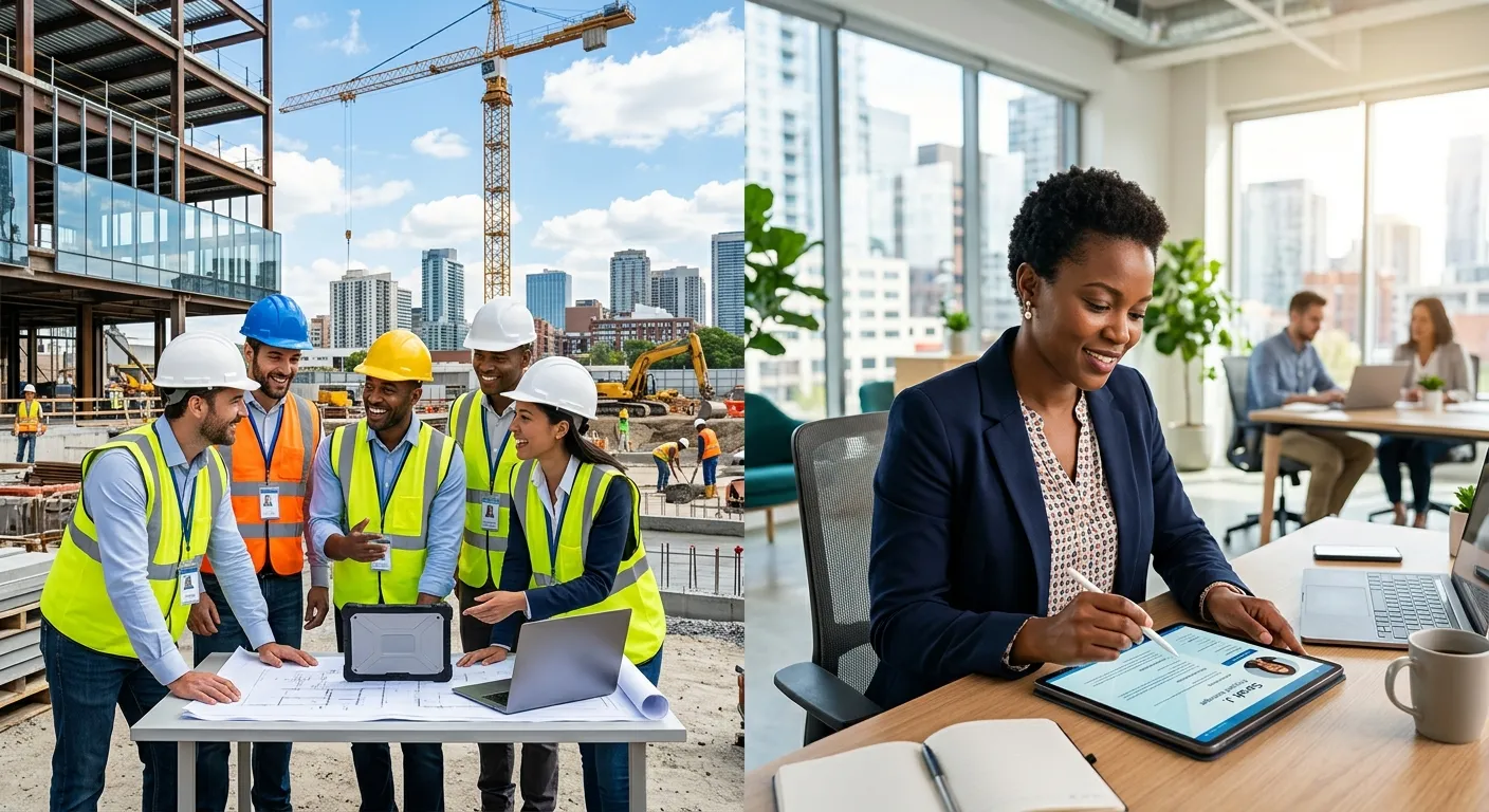 A professional, high-energy split-image showing a diverse team of agency workers collaborating on a modern construction site on one side, and a hiring manager reviewing candidate profiles on a digital tablet in a bright office on the other. Style: Modern, vibrant, and professional. Mood: Dynamic, efficient, and forward-thinking.