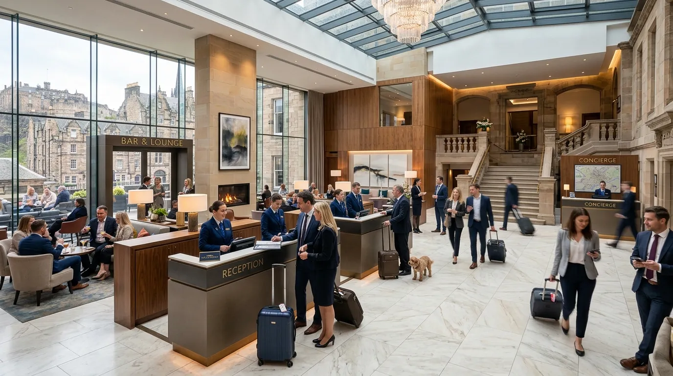 Professional, wide-angle shot of a modern, bustling hotel lobby in Edinburgh, with well-dressed staff assisting guests. Bright, clean, and professional aesthetic.