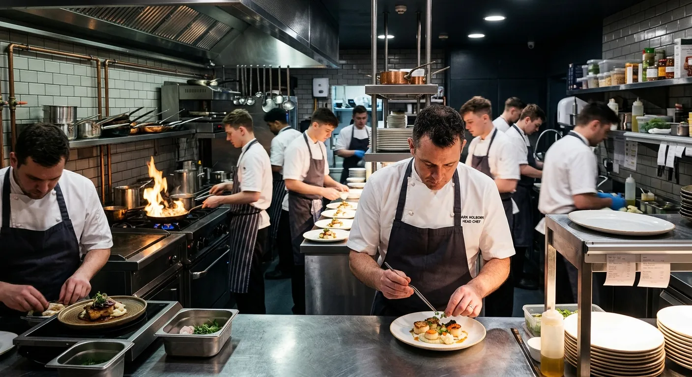 A professional, dynamic kitchen scene in a modern London restaurant or event venue. A Head Chef in crisp whites is plating an elegant dish, surrounded by a bustling team of Commis Chefs and kitchen porters. The mood is energetic, precise, and professional, highlighting a top-tier culinary environment.