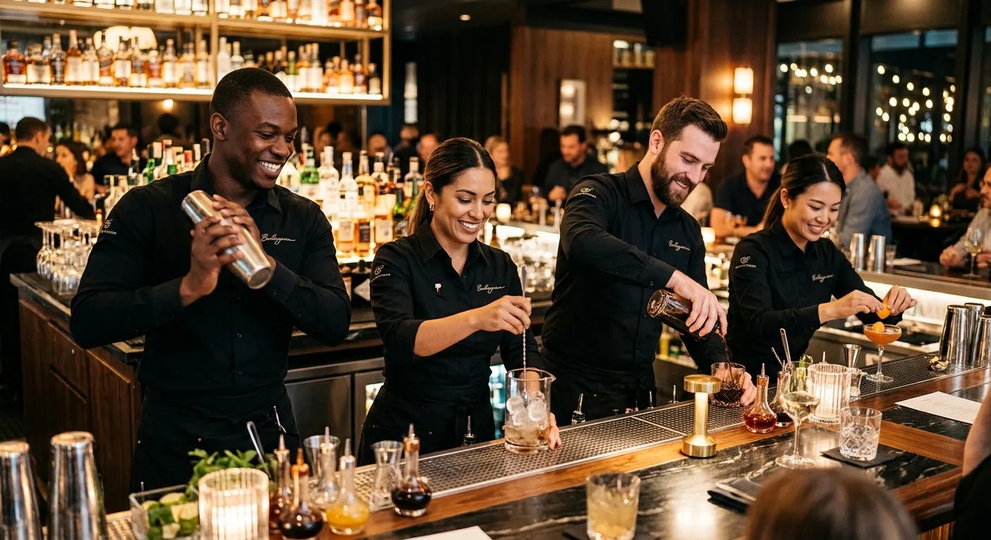 A dynamic, professional hero image. A diverse group of confident, well-groomed bartenders in black uniforms smiling and working efficiently behind a sleek, modern bar counter. Soft, warm lighting highlights the action and professional atmosphere. Style: Modern, high-quality, aspirational hospitality photography.