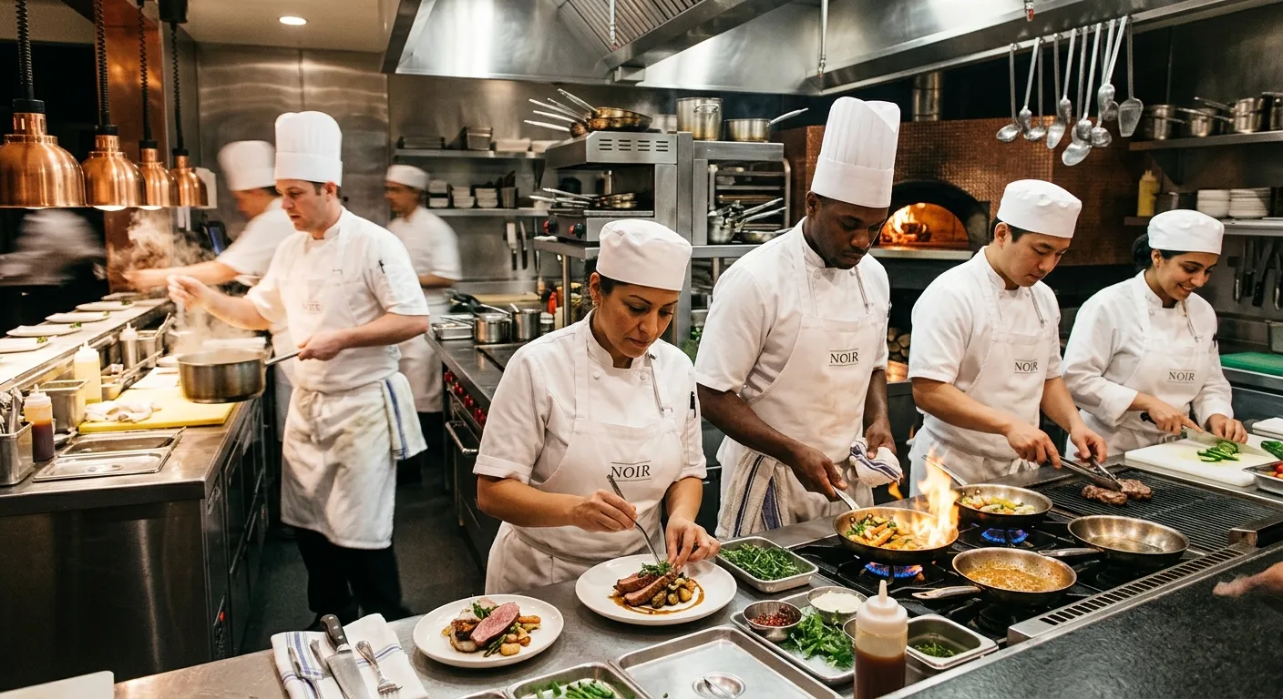 A dynamic, professional kitchen scene. A diverse team of chefs in crisp whites work seamlessly together in a high-end restaurant kitchen. Focus on action, precision, and teamwork. Mood: Professional, efficient, and high-energy.