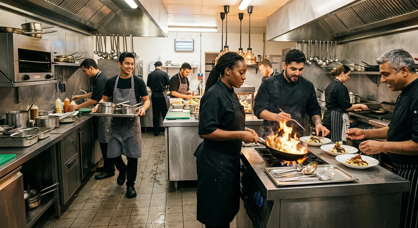 A modern, bustling commercial kitchen with a diverse team of chefs and kitchen porters working in ha... A modern, bustling commercial kitchen with a diverse team of chefs and kitchen porters working in harmony, shot from a low angle. Warm, professional lighting highlights the action and teamwork. Style: Editorial, professional. Mood: Efficient, collaborative, high-energy.