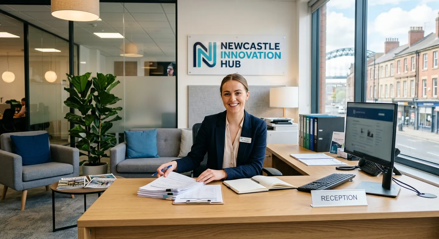 Professional, welcoming photo of a modern office reception area in Newcastle, with a friendly administrator at a desk organising paperwork and smiling at the camera. Bright, natural lighting.