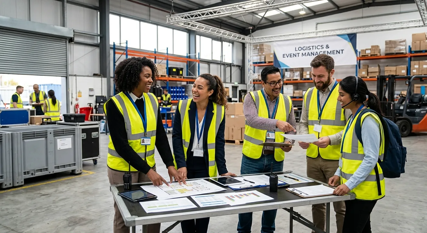 A dynamic, high-energy professional photo showing a diverse group of agency workers collaborating in a modern, bright warehouse or event space. A mix of people in high-visibility vests and smart casual attire are smiling and engaged. Style: Professional, inclusive, and action-oriented. Mood: Energetic, reliable, and productive.