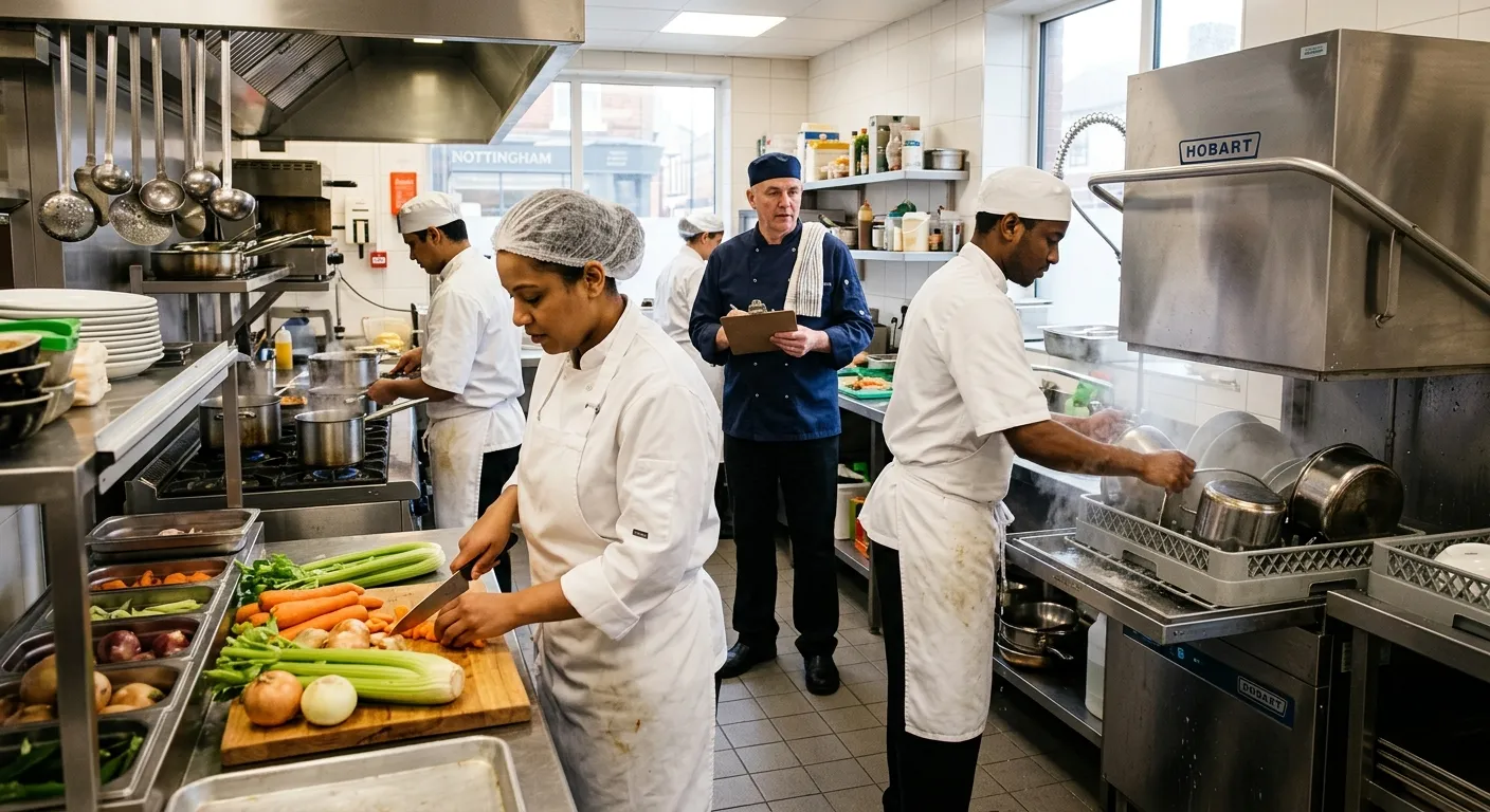 A modern, bustling commercial kitchen in Nottingham, showing a diverse team of kitchen assistants in... A modern, bustling commercial kitchen in Nottingham, showing a diverse team of kitchen assistants in crisp whites working efficiently. One is prepping vegetables, another is loading a dishwasher, with a chef in the background supervising. The mood is professional, clean, and energetic.