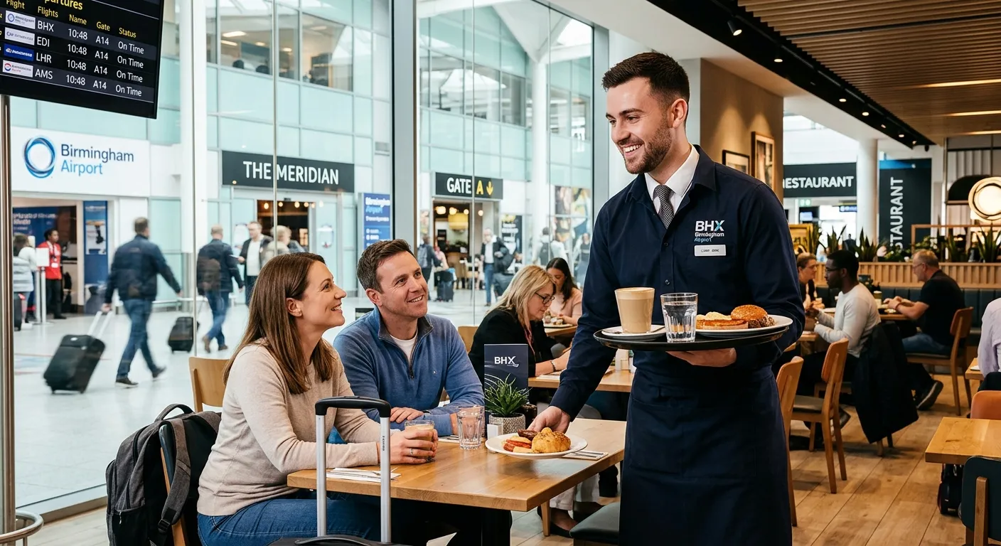 Professional photo of a confident, smiling Waiting Staff member in a smart uniform, serving passengers in a bright, modern airport restaurant at Birmingham Airport, conveying a sense of efficiency and hospitality.