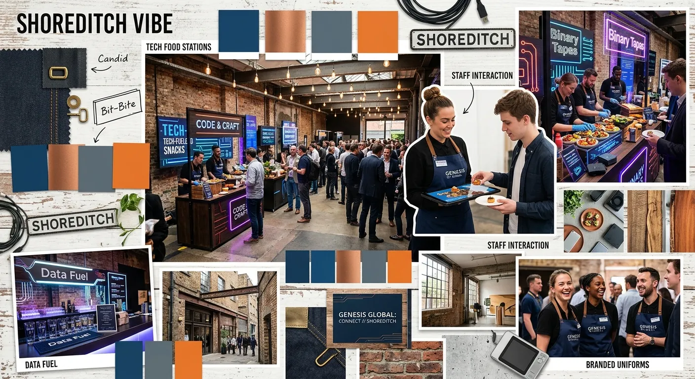 A mood board image showing a modern Shoreditch event space with tech-themed food stations and staff in stylish, branded uniforms interacting with guests.