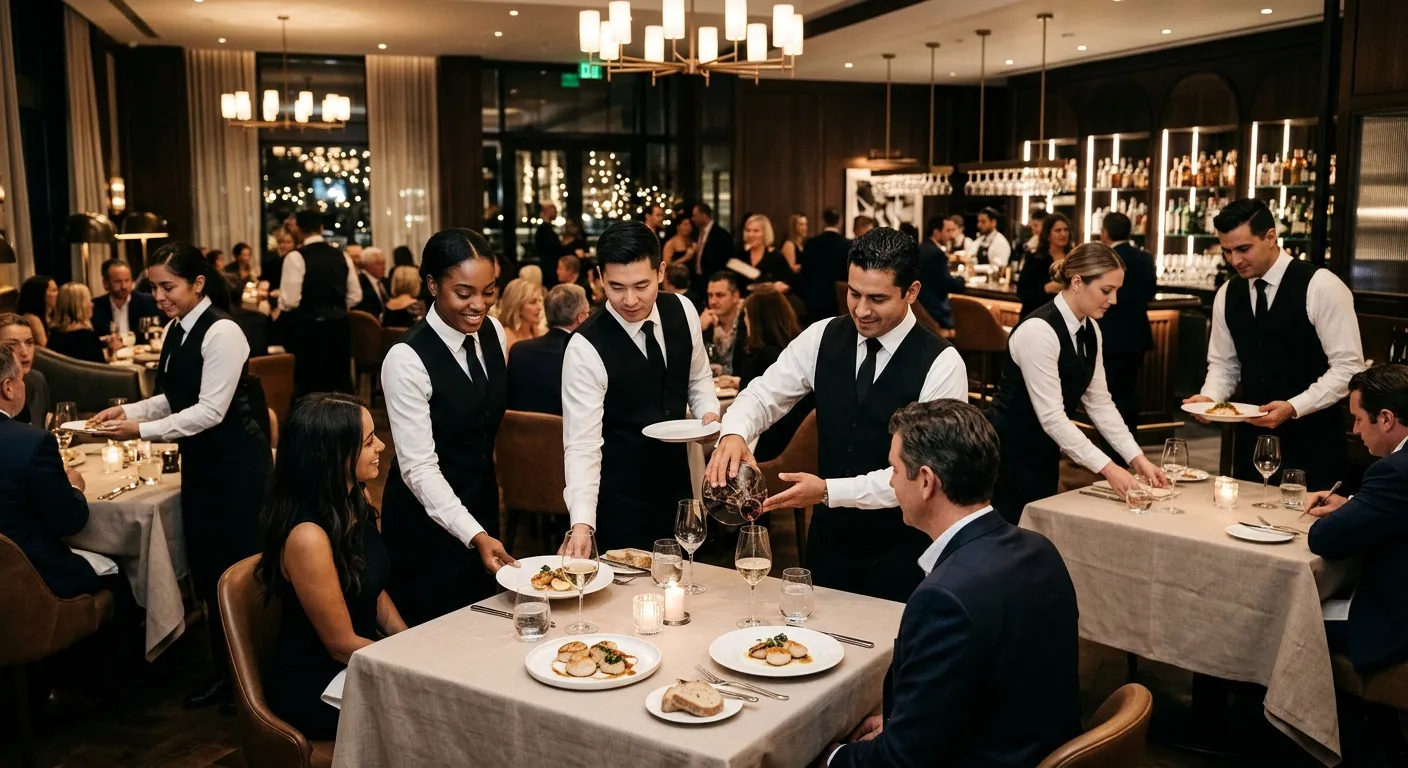 A dynamic, professional scene in a high-end restaurant or event space. A diverse team of impeccably... A dynamic, professional scene in a high-end restaurant or event space. A diverse team of impeccably dressed waiters and waitresses are providing seamless, synchronized table service. The mood is elegant, efficient, and modern, showcasing teamwork and hospitality excellence.
