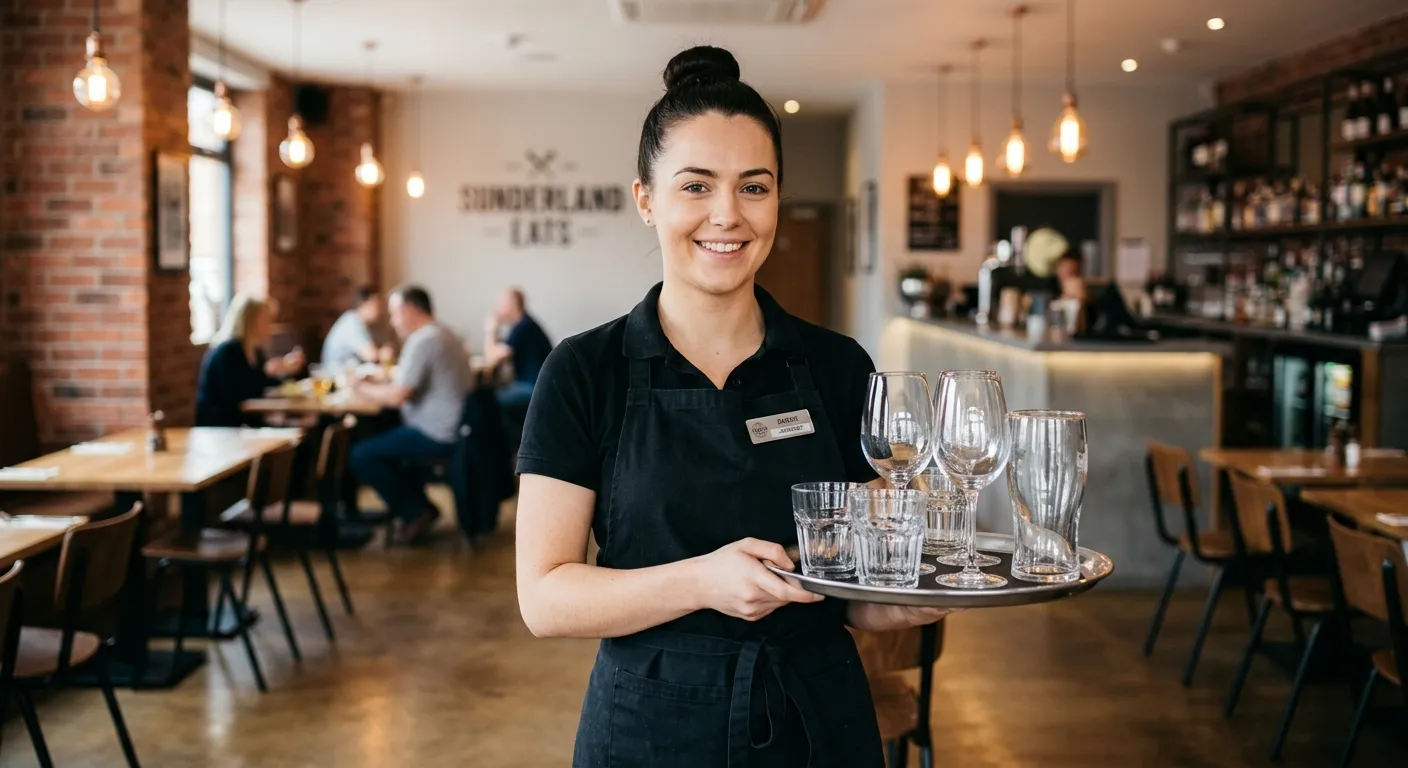 A professional, well-lit photo of a smiling Restaurant Assistant in a modern Sunderland restaurant, wearing a crisp black apron. They are holding a tray of clean glasses, standing in a clean, stylish dining area with warm lighting, conveying professionalism and a positive hospitality atmosphere.