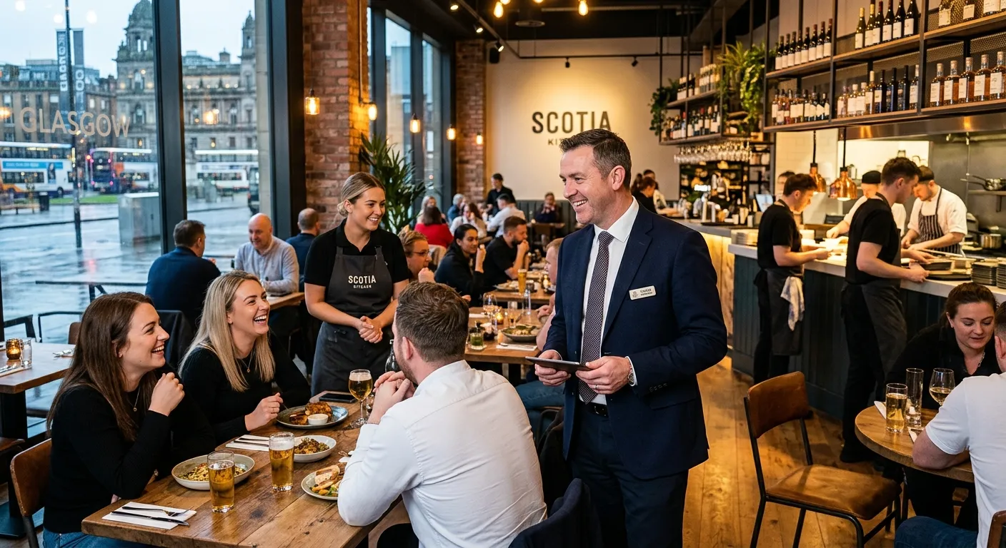 A professional, welcoming image of a Restaurant Manager in a modern Glasgow restaurant, confidently engaging with guests and overseeing a team. The scene is bright, vibrant, and conveys a sense of leadership and hospitality.