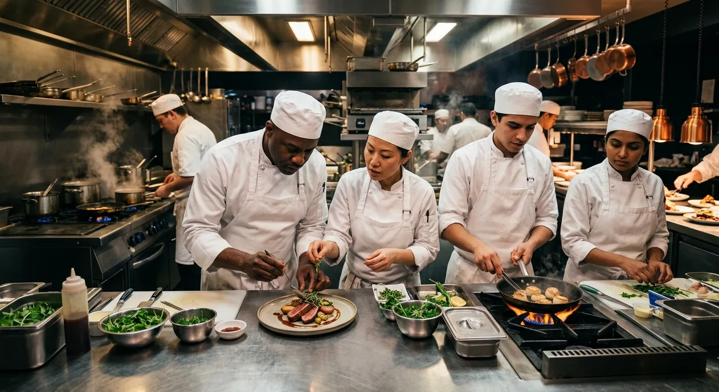 A dynamic, professional kitchen scene. A diverse team of chefs in crisp whites collaborating over immaculate stainless steel workstations. Focus is on teamwork, precision, and the vibrant energy of a high-end culinary operation. Moody, atmospheric lighting with warm highlights.