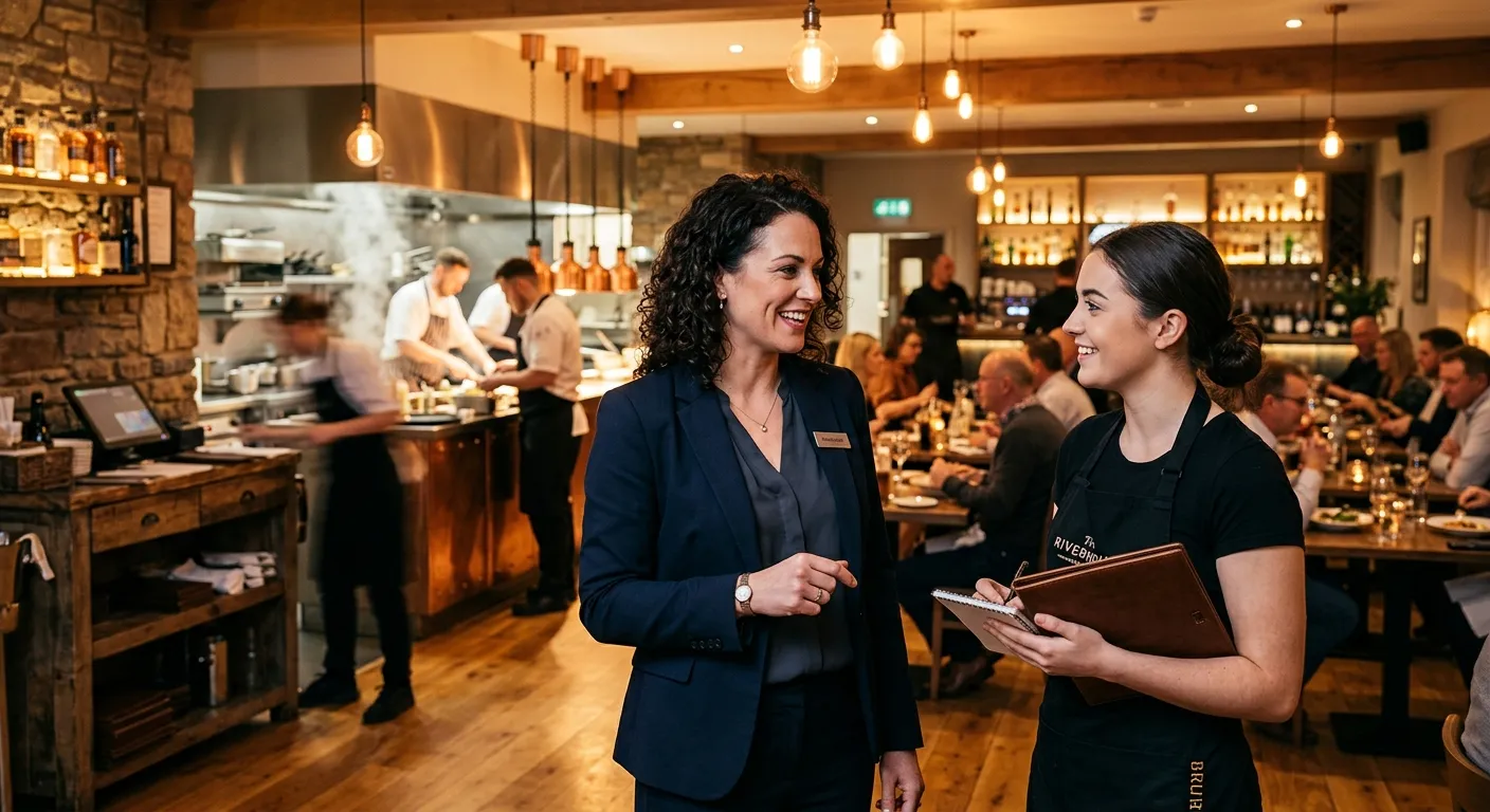 A confident, professional Restaurant Manager in a modern Derby restaurant, smiling and interacting positively with a team member in a well-lit, bustling kitchen or dining area. Style: Authentic, professional photography, warm tones, focus on leadership and hospitality.
