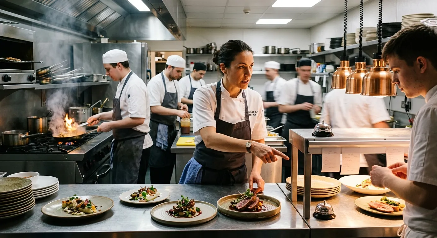 A dynamic, professional kitchen scene. A confident, skilled Sous Chef in crisp whites is expediting... A dynamic, professional kitchen scene. A confident, skilled Sous Chef in crisp whites is expediting orders, pointing instructively at a beautifully plated dish, with a brigade of cooks in the background. The mood is energetic, precise, and high-end.