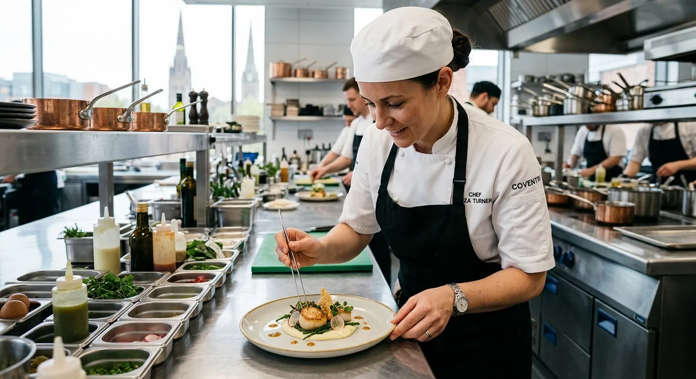 A professional Chef in a modern, well-lit kitchen in Coventry, expertly plating a dish. The mood is focused, clean, and professional, showcasing skill and high-quality food.