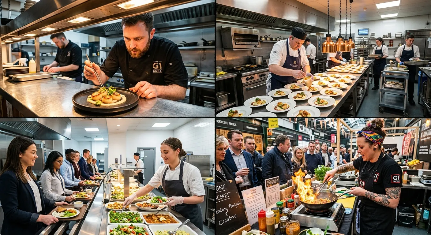 A dynamic collage showcasing four distinct Glasgow G1 kitchens: a fine-dining pass, a bustling hotel banquet kitchen, a sleek corporate servery, and a creative pop-up chef at work.