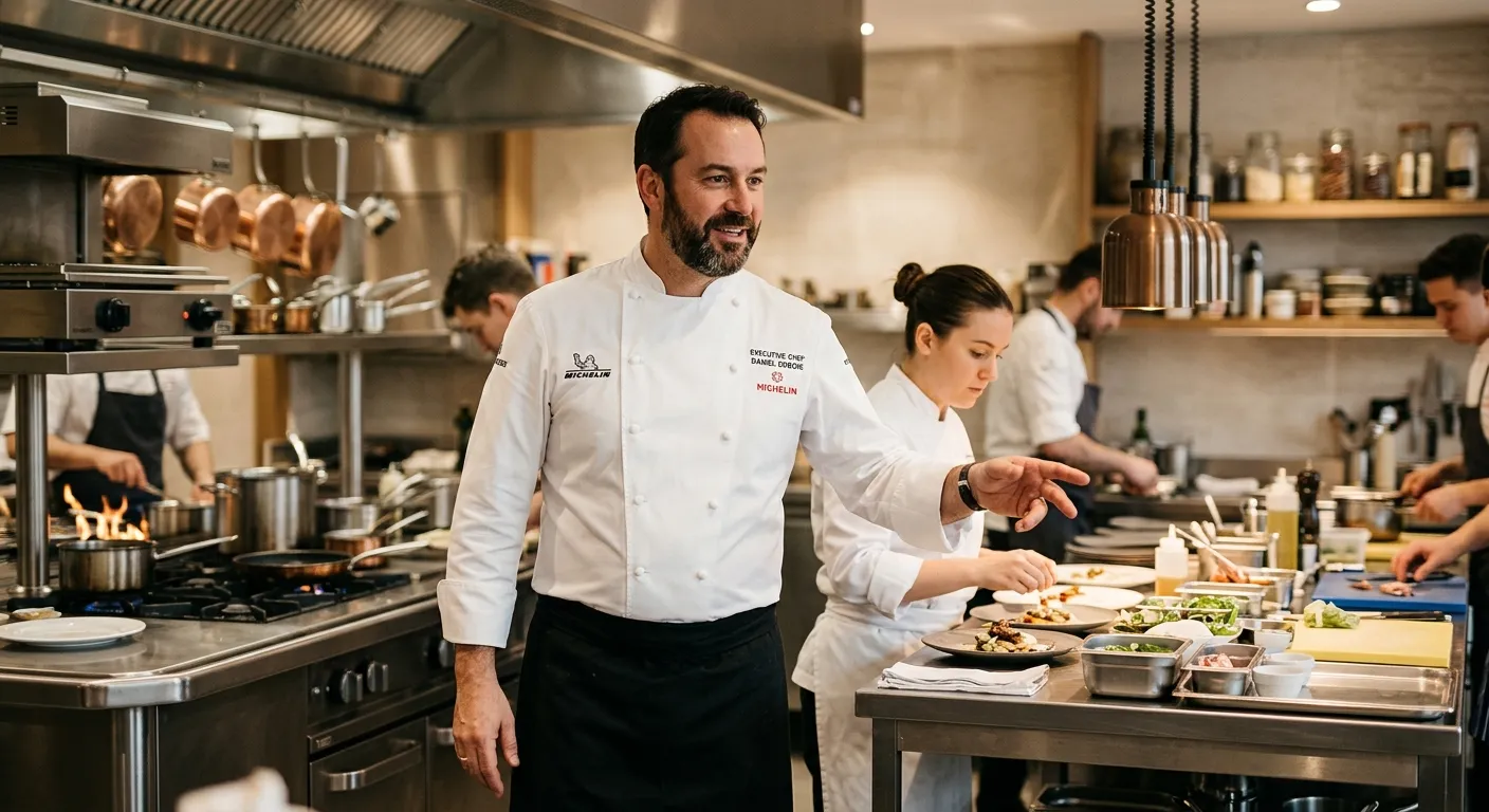 A modern, high-end kitchen with a professional executive chef in a white jacket confidently leading a team, soft focus on the chef with a warm, inviting atmosphere. Mood: Authoritative and aspirational.