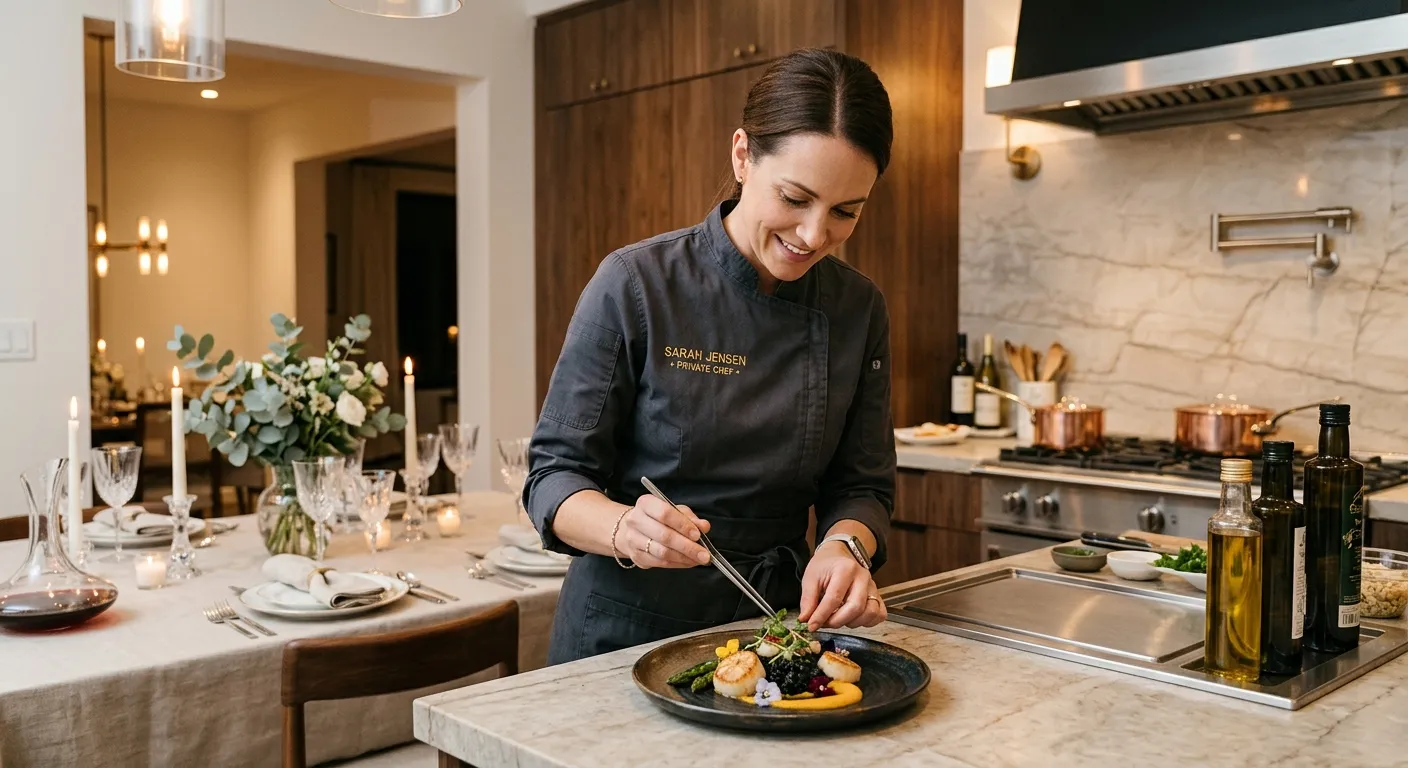 A professional private chef in a sleek, modern kitchen plating an exquisite dish, with soft focus on... A professional private chef in a sleek, modern kitchen plating an exquisite dish, with soft focus on elegant table setting in the background. Style: High-end, aspirational, warm lighting.