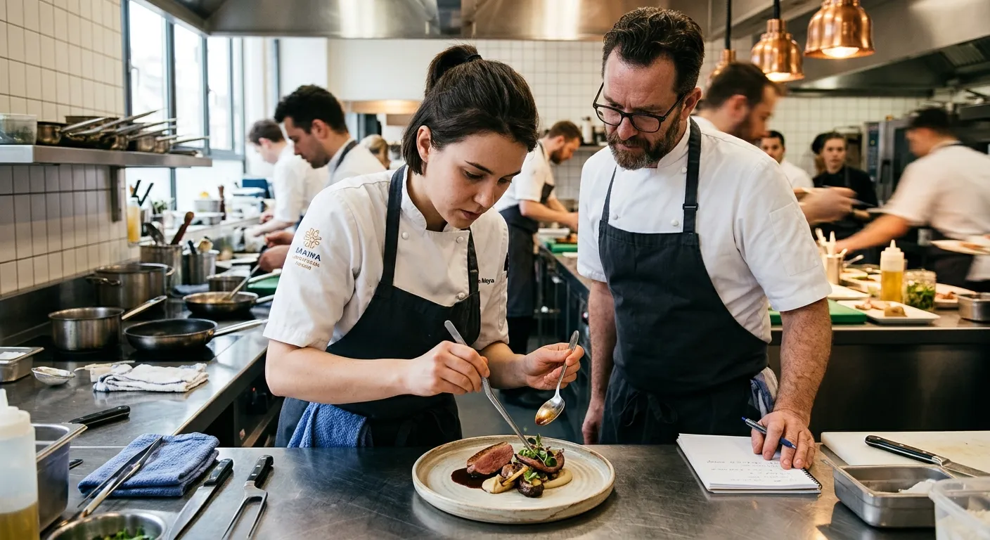 A professional, candid shot of chefs collaborating in a test kitchen during a skills assessment, with one chef plating a dish while another observes.