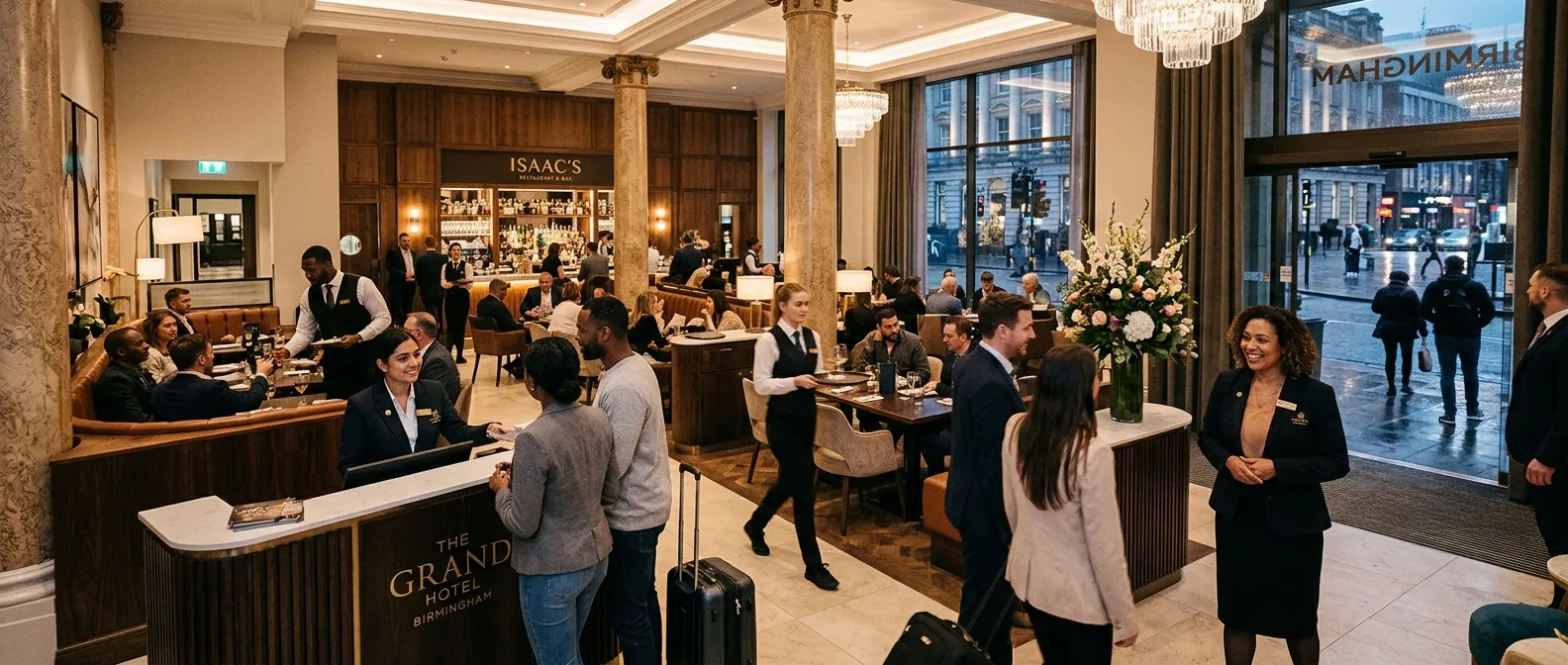 A wide, dynamic shot of a bustling, elegantly designed hotel lobby or high-end restaurant in central Birmingham, showcasing a diverse team of professional staff interacting with guests. Professional, warm, and vibrant mood.