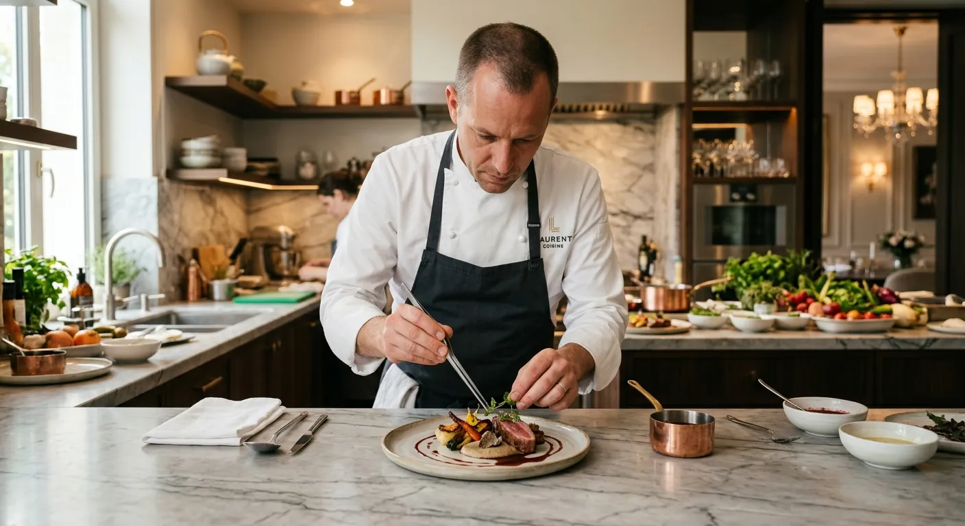 A professional, high-end kitchen scene. A private chef in crisp whites is plating an exquisite dish... A professional, high-end kitchen scene. A private chef in crisp whites is plating an exquisite dish on a marble counter. The mood is sophisticated, clean, and exclusive, with soft focus on fresh ingredients in the background.